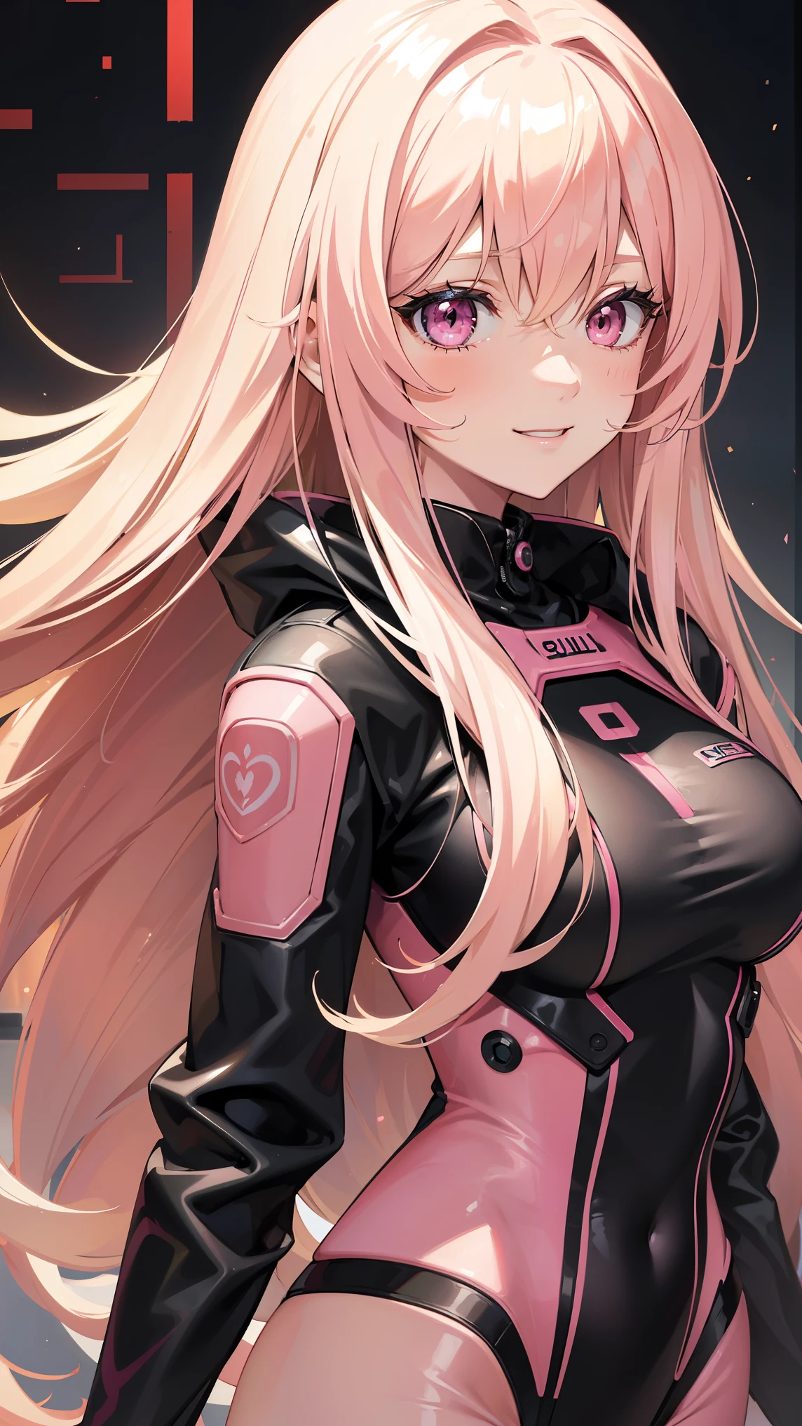 (((Adult woman))), long blonde hair, (Pink eyes), (pink-black plugsuit), smile