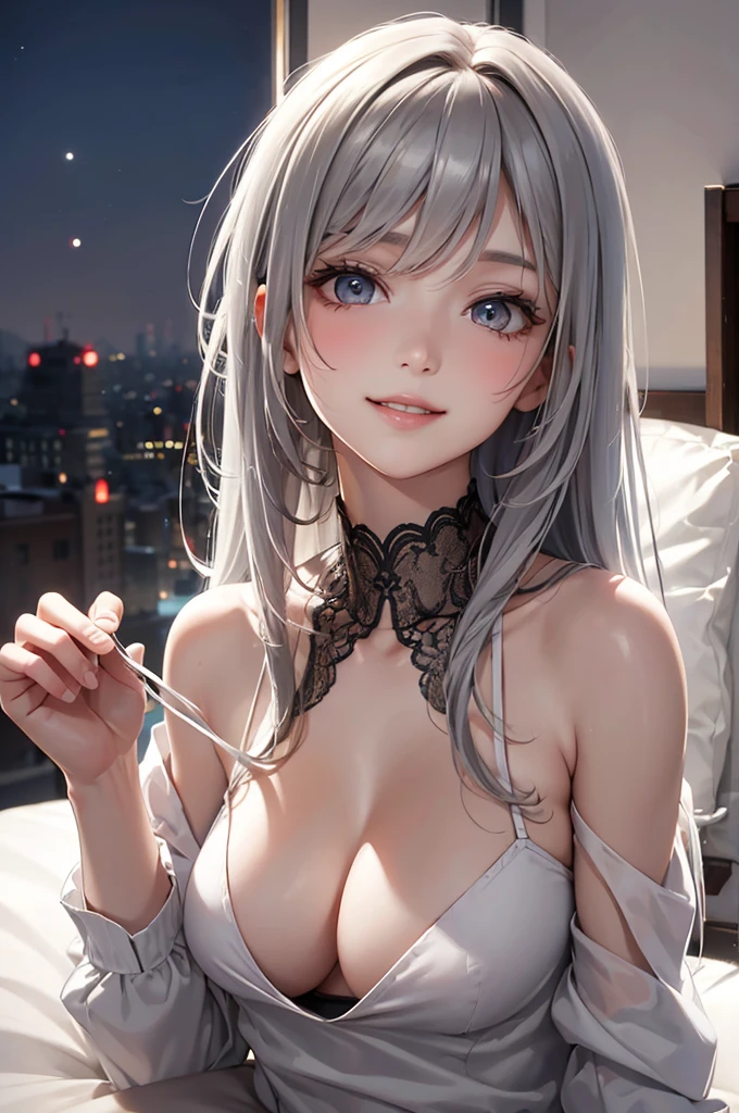 Best Quality,High resolution,8K,finelity detailed background,Masterpiece:1.2),beautiful girl,Glossy romance gray hair,crossed bangs,Gray eyes,Gentle look,A refreshing look,smile,Best quality,Best Quality,Aesthetic and aesthetic:1.2,Best details((Super detailed))(High-definition CG illustrations),Upper Body,Dark grey underwear,Slender body,night,moon,Bedroom,On the bed,smile,blush,cute,Scrounge,Looking up,Being spoiled,super model,wariza,shoot from,below