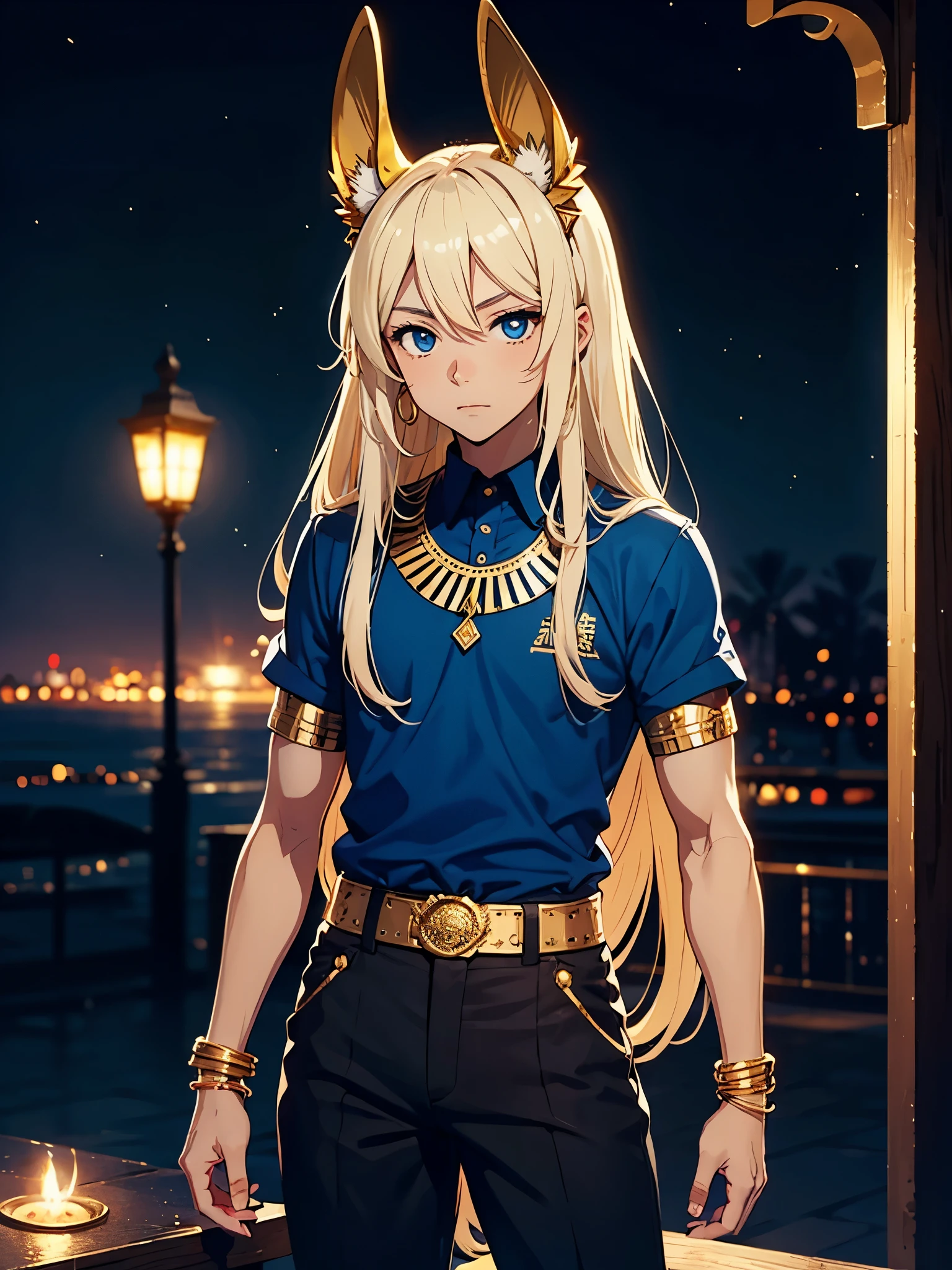 More anime style. cutie pie. アニメ! Teenage boy. Egyptian deity Anubis. Egyptian blue clothing. Blue clothes. long blond hair. Lots of gold jewelry. dark skin. Egyptian. dazzling blue eyes. mystical. divine.