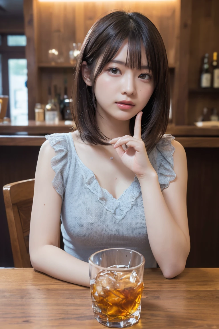 (((Best image quality、Highest quality、Super high quality 1.5、Super high quality 1.5、32k、8K、Ticker、RAW Photos、Extremely clear images、Extremely clear images quality、Photoreal 1.3、Super detailed 1.2, The finer details, High resolution, wall , Perfect dynamic structure, masterpiece, Surreal,非常に詳細な CG Unity 32k wall紙,extremely detailed CG unity 32k wallpaper,Realistic photos、Real Humans、超High resolution、)))、Very detailed face and eyes ,Intricate details ,,pretty girl , Cinematic soft light, Hyper Detail,Sharp focus((Highest quality、8K、masterpiece:1.Hot reality(1.4))、Sit at the bar counter、Light Brown Hair、length、Super Delicate Facial Japan、Delicate eyes、double eyelid、Light Smile、Drinking whiskey、A slightly sad look