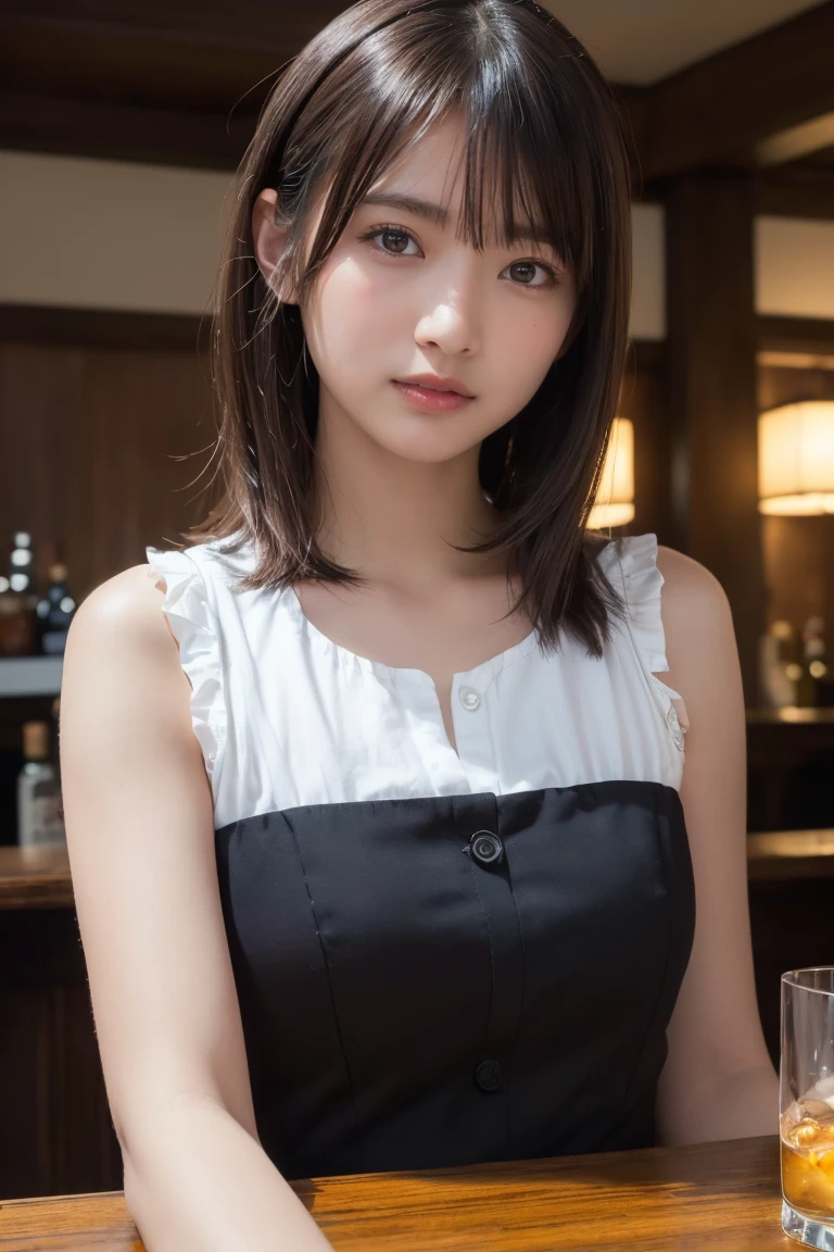 (((Best image quality、Highest quality、Super high quality 1.5、Super high quality 1.5、32k、8K、Ticker、RAW Photos、Extremely clear images、Extremely clear images quality、Photoreal 1.3、Super detailed 1.2, The finer details, High resolution, wall , Perfect dynamic structure, masterpiece, Surreal,非常に詳細な CG Unity 32k wall紙,extremely detailed CG unity 32k wallpaper,Realistic photos、Real Humans、超High resolution、)))、Very detailed face and eyes ,Intricate details ,,pretty girl , Cinematic soft light, Hyper Detail,Sharp focus((Highest quality、8K、masterpiece:1.Hot reality(1.4))、Sit at the bar counter、Light Brown Hair、length、Super Delicate Facial Japan、Delicate eyes、double eyelid、Light Smile、Drinking whiskey、A slightly sad look