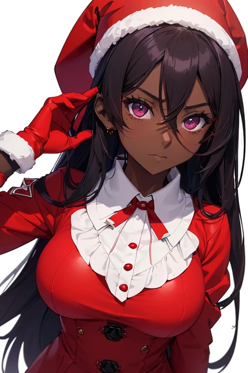 (isade), (1 girl),(Girl1 Loli:1.5),(super sexy mature body of 20 years old),(loli appearance:1.5),(pretty: 1.5), (super hot: 1.5), (dark skin: 2.0), (long dark purple hair and dark purple eyes), (The gigantic breasts with the bust of 387.6cm in length:1.5), (Height 1.52),(beautiful young woman),(super beautiful 18 year old teenager),( wearing),+,(\A female character dressed in a short red dress, fitted to the body, with white details on the cuffs and collar. She wears white gloves and a traditional red and white Christmas hat, completing the look with red boots.)/