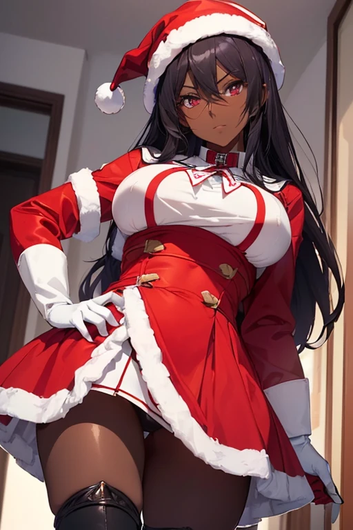 (isade), (1 girl),(Girl1 :1.5),(super sexy mature body of 20 years old),(lolipearance:1.5),(pretty: 1.5), (super hot: 1.5), (dark skin: 2.0), (long dark purple hair and dark purple eyes), (The gigantic breasts with the bust of 387.6cm in length:1.5), (Height 1.52),(beautiful young woman),(super beautiful 18 year old teenagerwearing),+,(\A female character dressed in a short red dress, fitted to the body, with white details on the cuffs and collar. She wears white gloves and a traditional red and white Christmas hat, completing the look with red boots.)/