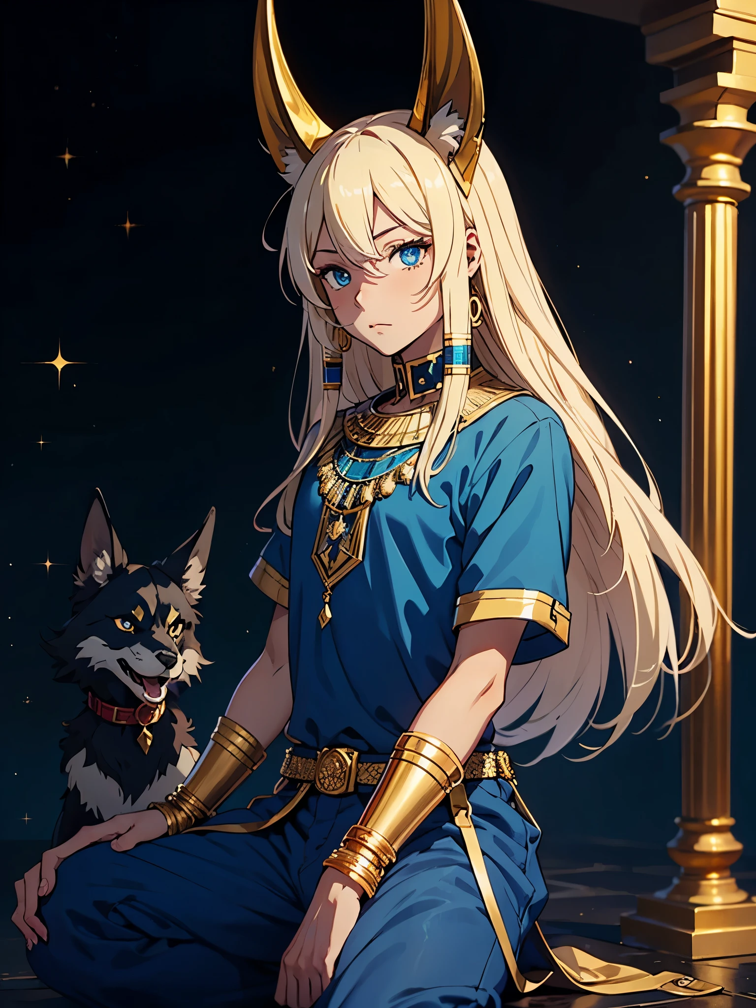 More anime style. cutie pie. アニメ! . Egyptian deity Anubis. Egyptian blue clothing. Blue clothes.  long blond hair. Lots of gold jewelry. dark skin. Egyptian. dazzling blue eyes. mystical. divine.