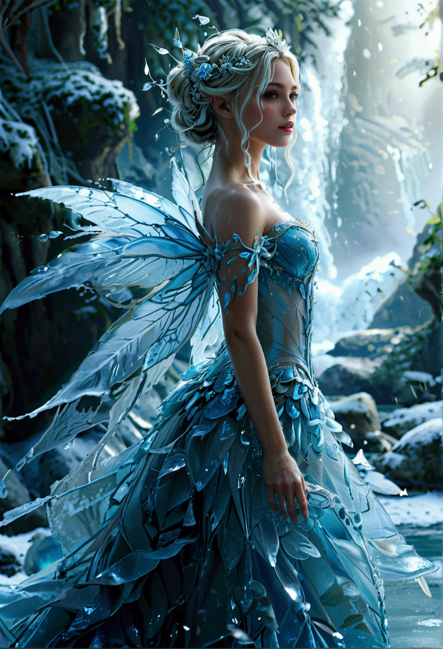 color photo of the stunning artwork depicting the Ice and Water Fairy in all her splendor. She stands majestically amidst an extravagant and dreamlike forest, her dress crafted from threads of water and shimmering ice flakes that seem to float around her. Her ethereal form and grace evoke the essence of fairy tales and magical landscapes.
Every detail of this 32K resolution masterpiece is meticulously hyper-rendered, from the delicate anatomy of the fairy to the dramatic lighting and touches of brilliance that bring each element to life.
The cozy and cinematic background envelops the scene in an atmosphere of tranquility and dreams, creating an immersive environment that invites the viewer to get lost in this fantastical world.
The Ice and Water Fairy radiates a powerful and serene presence, her beauty and mystery captivating the senses. This is a masterpiece of imagination, a celebration of magic and fantasy that transcends the boundaries of reality, elevating digital art to an unparalleled level of excellence.
Every brushstroke, every nuance of light and shadow, every ice flake and water thread - all blend together in a visual symphony that captivates the soul and inspires contemplation. Truly, this is a creation deserving of admiration and celebration as one of the finest expressions of contemporary digital art.
—c 10 —ar 2:3