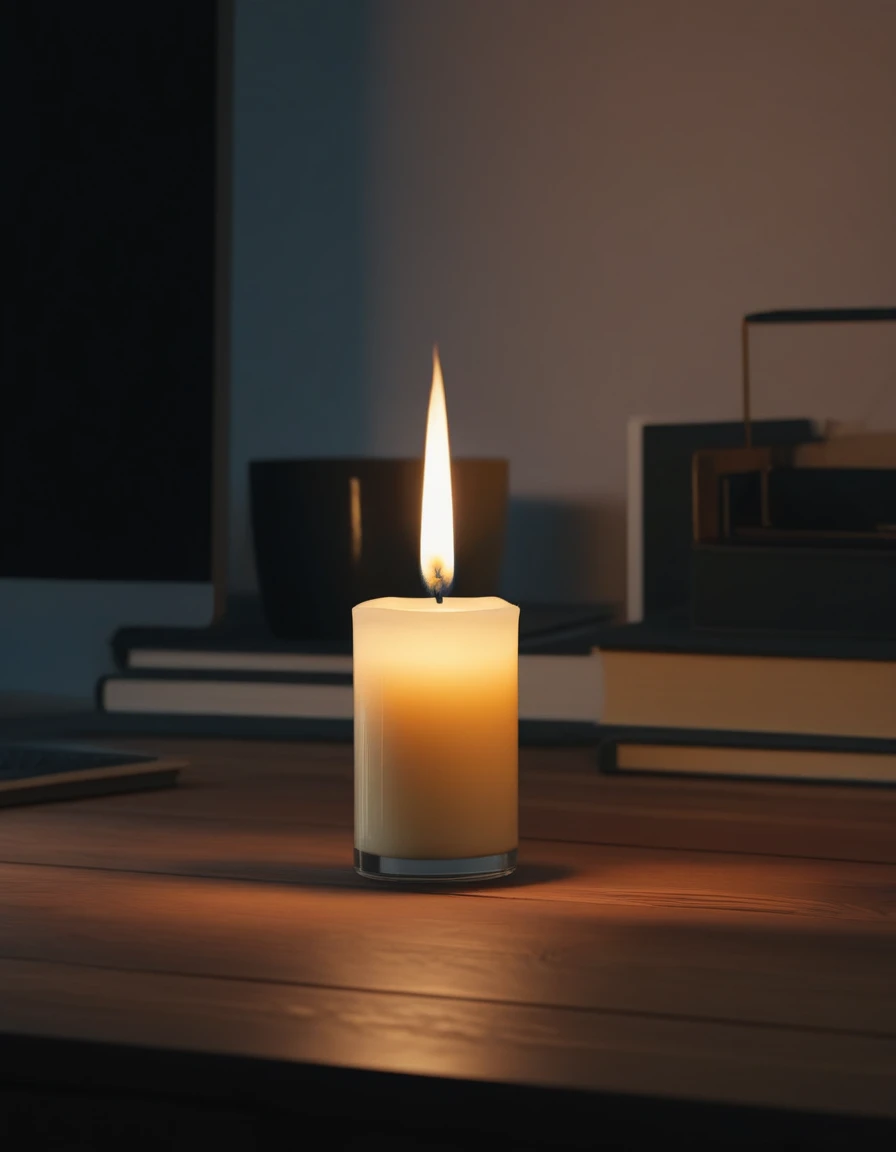 candle only on desk, just candle, top pov, cinematic, large wooden desk

