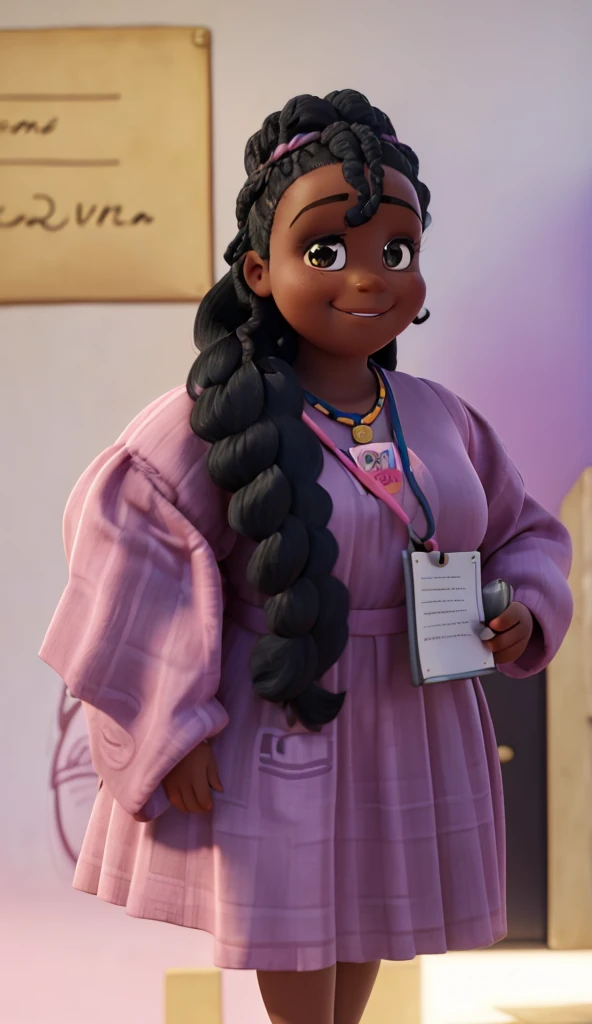 AN AFRO WOMAN!. She is a little fat woman. The woman with long black hair is smiling at the camera, wearing a pink dress and holding a yellow tag on her lanyard. Her hair has braids. She stands in front of a wall that has what appears to be an old document or manuscript displayed on it. She is 35 years old.
