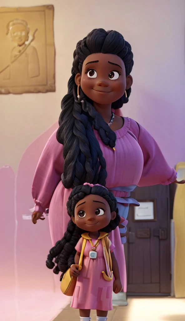 AN AFRO WOMAN!. She is a little fat woman. The woman with long black hair is smiling at the camera, wearing a pink dress and holding a yellow tag on her lanyard. Her hair has braids. She stands in front of a wall that has what appears to be an old document or manuscript displayed on it. She is 35 years old.
