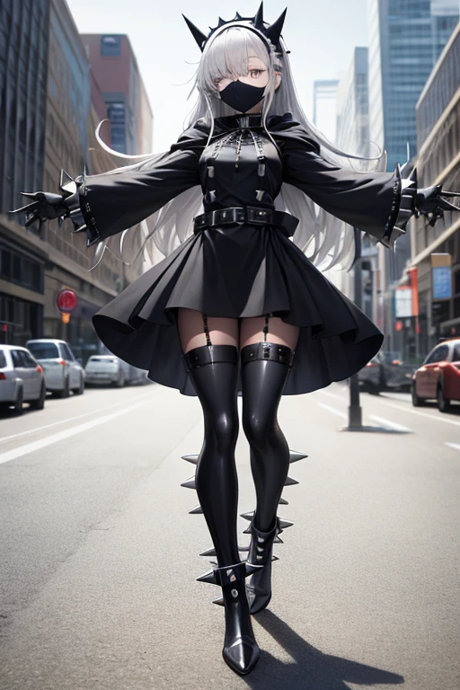 ((best quality)), ((masterpiece)), (detailed), 1 girl, Full body, 18 years old, Depressed face, Silver eyes, Arms outstretched, Arms behind waist, Metal mask covering her eyes, Eyes covered, Silver hair, Long hair, Spiky hair, Bangs, Strand of hair covering her eye, Full body, Tall, Small breasts, Slim body, Grey hood, Metal spikes, Grey wrist guards, Long black gloves with spikes, Grey gothic outfit, Gothic lolita, Grey dress with metal spikes, Metal emblem, Tight fit, Black belt, Black stockings, Black boots, Walking through the city, Metal spikes coming out of the highway, City background, Grey clothes, Superhero, Anime, Plush rabbit in her arms