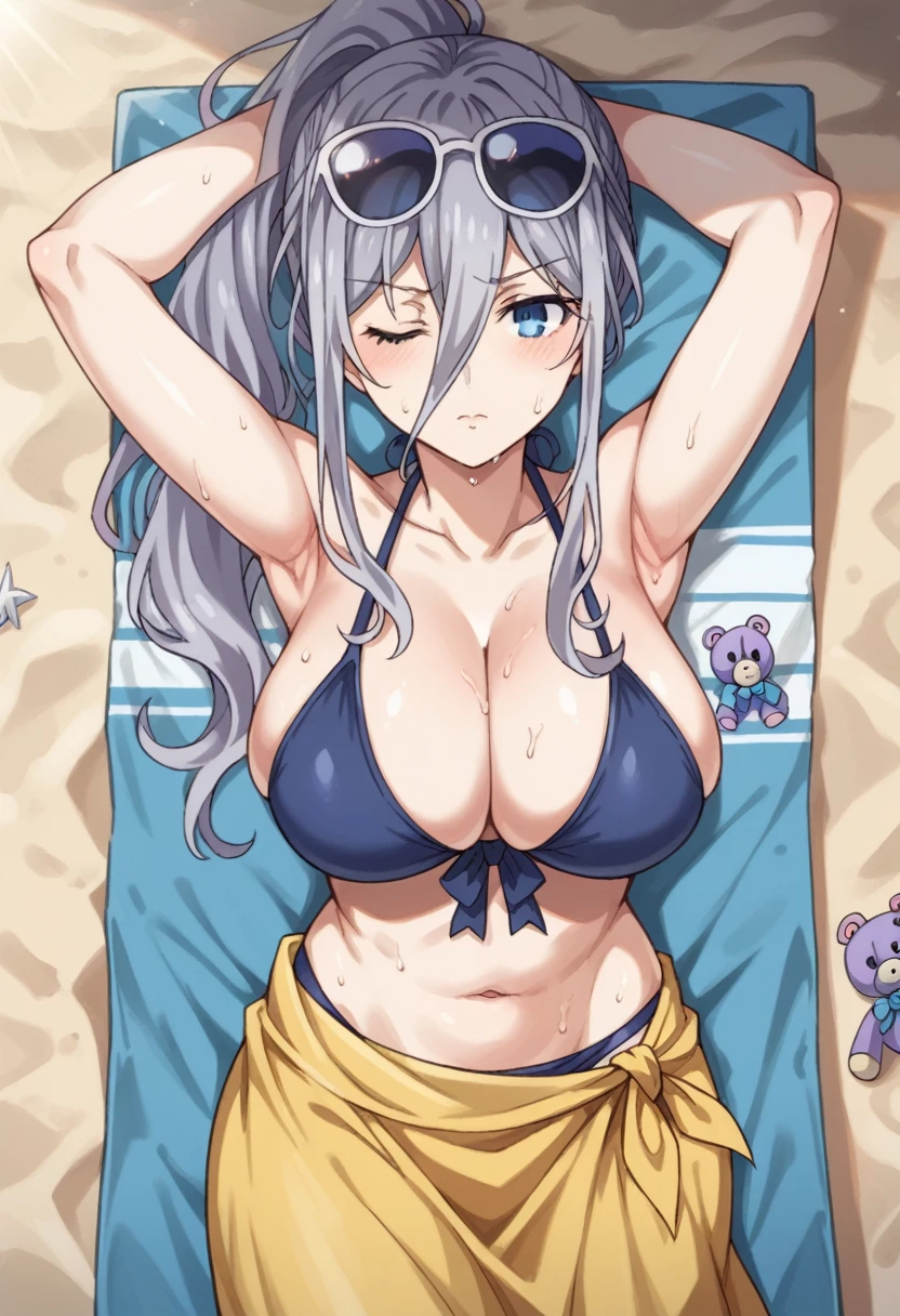 Score_9, Score_8_up, source_anime, BREAK solo, 1girl, cowboy shot,
Reinamurasame, queen murasame, long hair, blue eyes, gray hair, hair between eyes,
ponytail, stuffed animal, stuffed animal, teddy bear,
swimsuit, blue bikini, crossed halter, yellow sarong, sunglasses, glasses on head, polarized lenses,
big breasts, relaxing, cutaneous teething, sweat, cleavage, one eye closed, arms up, 
outdoor, ocean, beach, sand, sun, sunlight, towel, lie, from above, beach towel, beach chair,