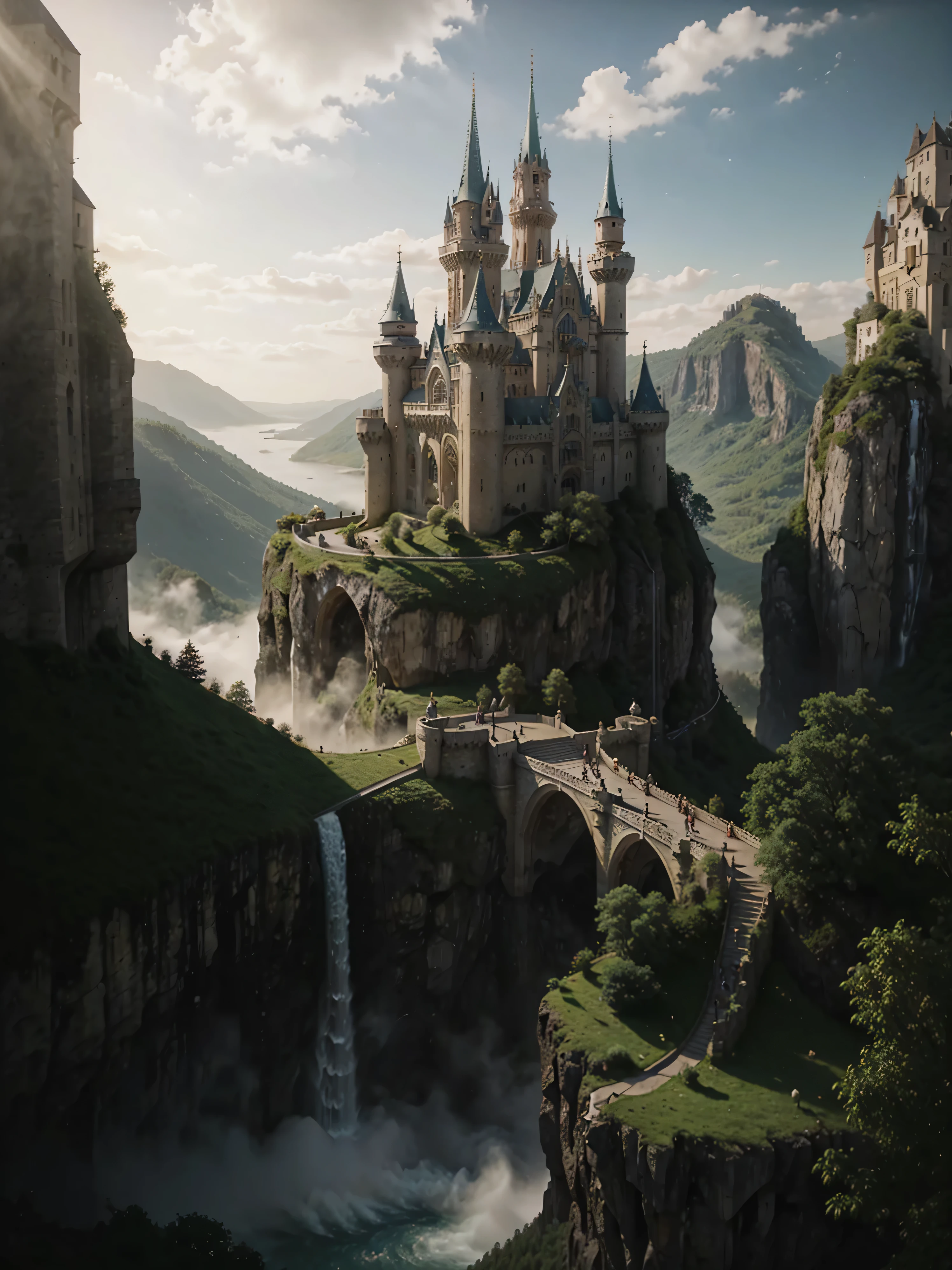 the city of terrasen from the acotar book series, with the castle on top of the mountain, arafed castle on a cliff with a waterfall and a bridge, epic rivendell fantasy, beautiful render of a fairytale, breathtaking fantasy art, fantasy castle, matte painting in fantasy style, beautiful castle, illustration matte painting, majestic matte painting, epic castle with tall spires, fairytale artwork, realistic fantasy artwork, fantasy matte painting,cute, high fantasy castle