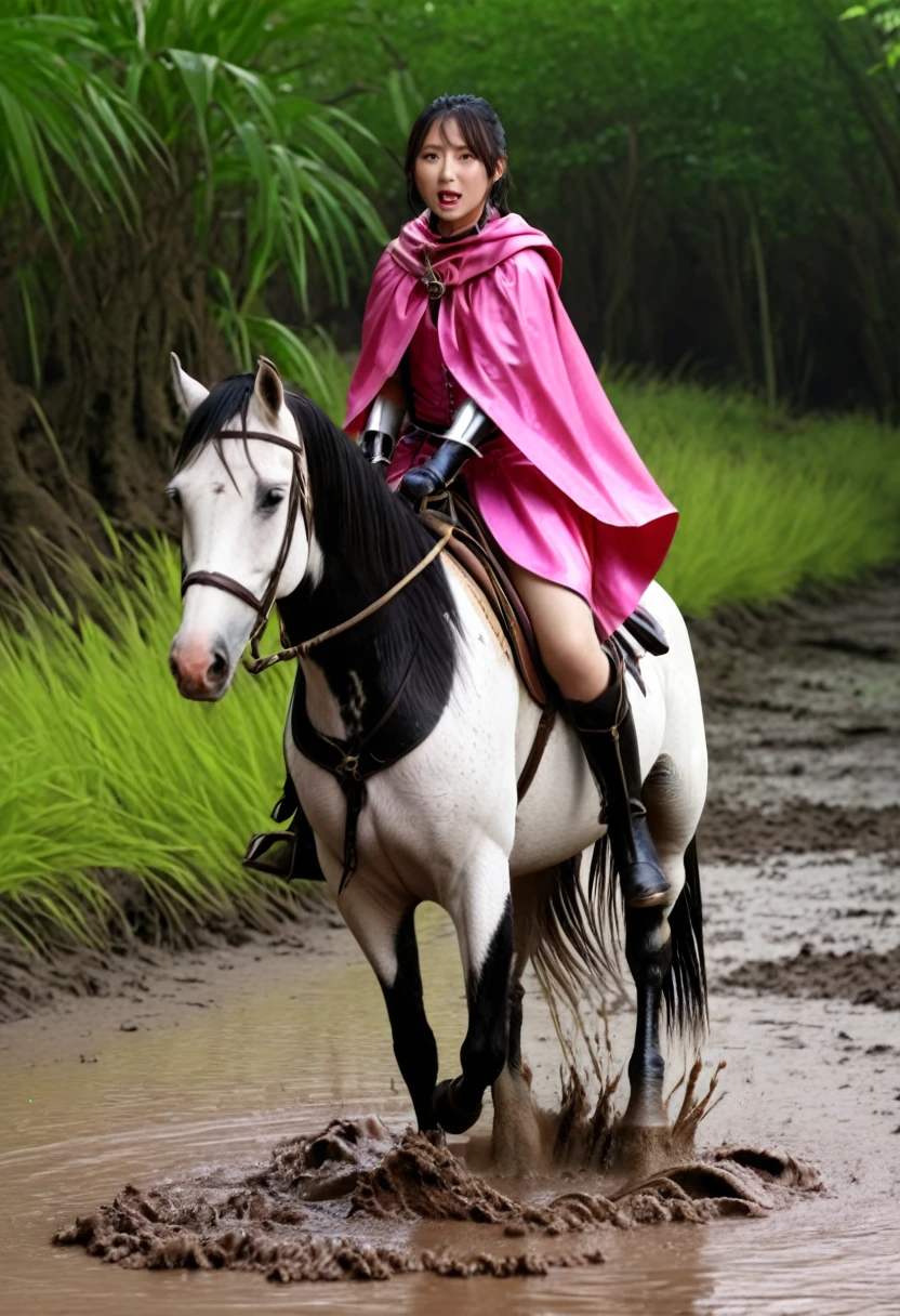 (((masterpiece))),(((Highest quality))),((Tabletop:1.4, Highest quality)), (Realな写真:1.4), in the muddy river,dirty swamp,Horse standing on its hind legs,
((1 cute girl knight)),rodeo,horse standing,Surprised face,stumble,aggressive,slouch,horse standing, prancing horse in pitfall,cute,Napoléon horse sliped in pitfall,in the pitfall,Uplifting,Naughty,
(超High resolution:1.2),, wonderful, Very detailed CG Unity 8k wallpaper, Very detailed, High resolution,fat horse ridden by japanese girl,Plump,Double,Pink armor and cape,Soaking in the swamp,Mud Splash,
Soft Light, Beautiful detailed girl, Droopy eyes,Very detailedな目と顔, Beautiful and exquisite nose, Beautiful and exquisite, horse ridden by a girl can't stand up because its drowned in the sticky muddy pitfall:10.0 ,Displeased face:4.0,Real,Stir,Anatomically correct,action horse riding scene while struggle fighting
