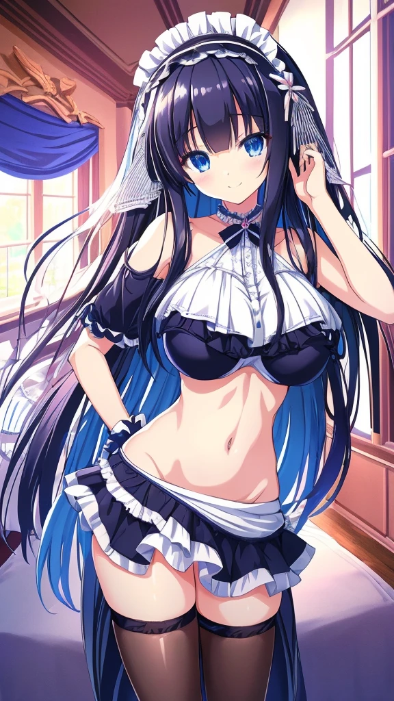 best quality, extremely detailed, anime style girl, long hair down to the waist, straight hair, dark black hair with bluish,beautiful detailed eyes, pinched eyes, dark blue eyes, huge breasts,cutie white base colorful frill
 Bikini,hair ornament,rabbit like hairband,beach side Luxurious room,smile,active pose 