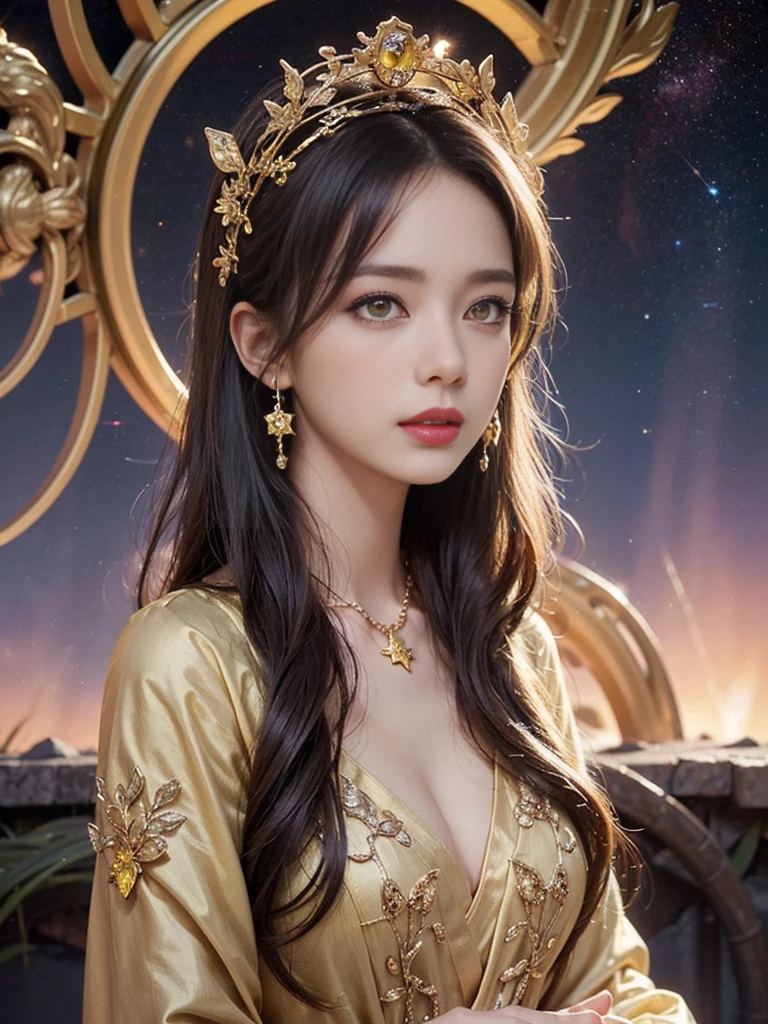 1 27-year-old girl, 1 zodiac goddess from the future, 12 zodiac goddess pink purple, 12 zodiac goddess ao dai thin sexy yellow deep slit chest, 12 zodiac ao dai many details black lace deep slit chest, goddess mythology 12 zodiac from the future, zodiac , luxury glittering zodiac style, dark and mysterious version, zodiac crown, red lipstick, thin and pretty lips, don't smile, keep your mouth shut, character created by karol bak and pino daeni, intricate details, detailed background, extremely detailed, light magic, one person woman, perfect face, clear face, look at the face of the goddess of the zodiac, Blums boods, Big and round breasts, long hair with flat bangs, beautiful detailed face and well-proportioned eyes, (yellow eyes: 1.8), big round eyes and very beautiful and meticulous makeup, visionary, wearing a long silk shirt, mysterious makeup, flat bangs and dyed light blonde, the upper half of the body is a goddess the zodiac sign on the body, arms hanging down, Real and vivid images, (the stars that make up the zodiac: 1.7), (the zodiac sign in the sky background and the broken gate of space and time, texture: 1.8), fiction art, RAW photo, hanfu photo, best photo, highest resolution, best quality, best photo quality, 8k quality, 8k extreme, super realistic, most realistic photo, 12 zodiac goddess portrait art, 1 symbol of 12 zodiac behind, single goddess portrait 1 zodiac sign, Most realistic color scheme, best photo color, masterpiece , hair decoration, necklace, jewelry, Pretty face, upper body, tyndall effect, photo realistic, dark studio, border light, bright two tones, (high detail skin: 1.2), 8k uhd, dslr, soft light, high quality, volumetric light, realistic, snapshot, high resolution, 4k quality, 8k, bokeh, Smooth and sharp, 10x pixel increments , Female sexy zodiac goddess, sexy zodiac goddess,