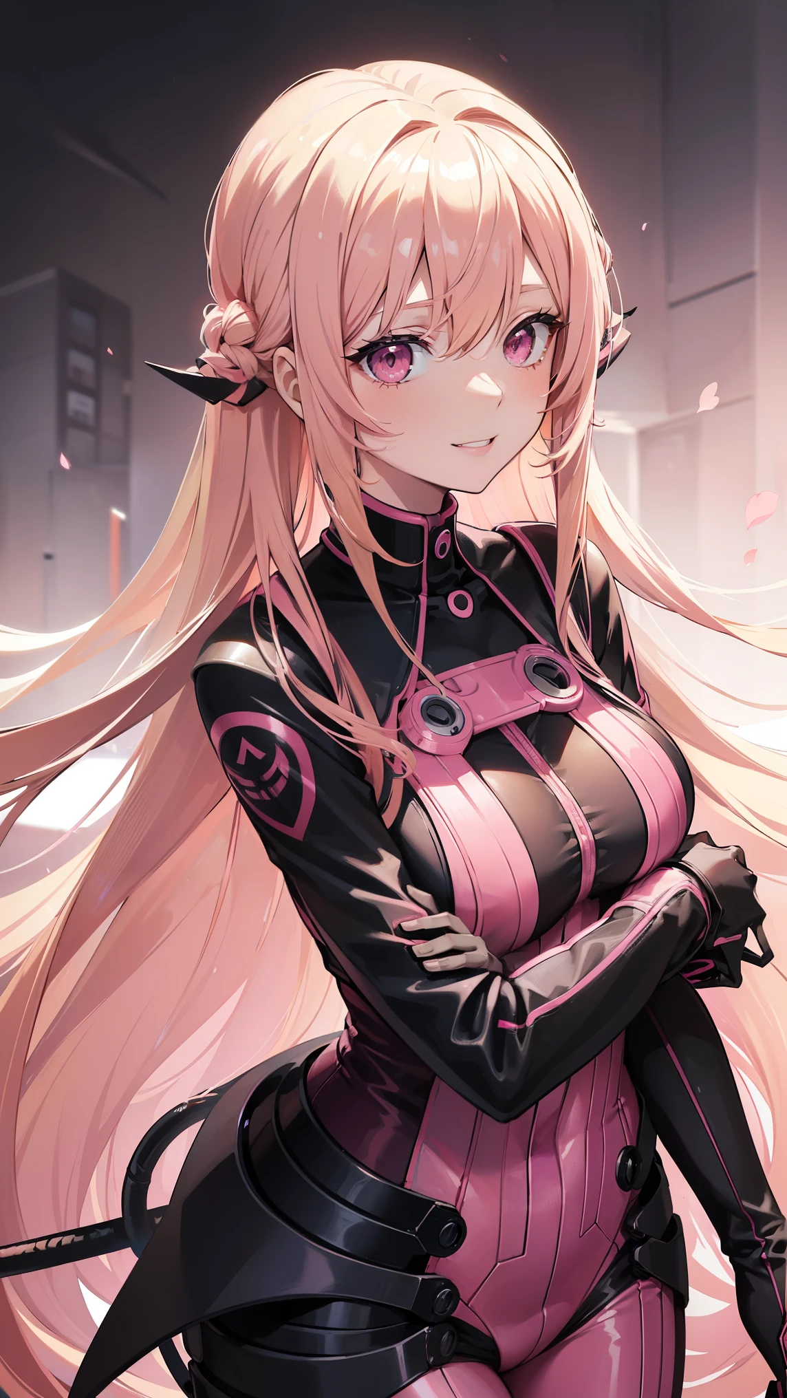 (((Adult woman))), long blonde hair, (Pink eyes), (pink-black plugsuit), smile