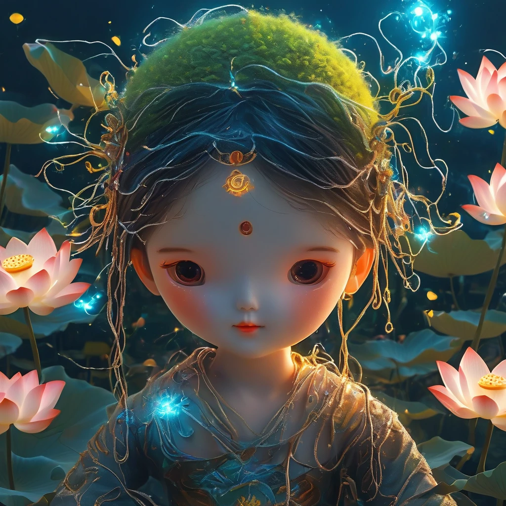 (masterpiece, best quality:1.2), digital art style, charming illustration,Peace pictures，1 boy, 18 years old, Wearing lotus on head，alone，body glow，glowing line，fluorescence,Luminous example，Tracking example，flash，萤light particles，backlight，translucent，light particles，correct human anatomy, OPEN EYES!