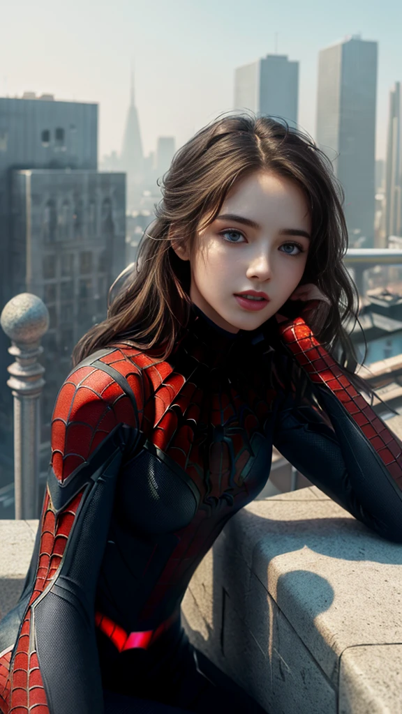 full body, (1girl:1.3), Solo, (((Very detailed face)))), ((Very detailed eyes and face)))), Beautiful detail eyes, Body parts__, Official art, Unified 8k wallpaper, Super detailed, beautiful and beautiful, beautiful, masterpiece, best quality, original, masterpiece, super fine photo, best quality, super high resolution, realistic realism, sunlight, half body, amazing beauty, allured chest, dynamic (couching) pose, delicate face, vibrant eyes, (from the front), She wears Spider-Man suit, red and black color scheme, spider, very detailed city roof background, rooftop, overlooking the city, detailed face, detailed complex busy background, messy, gorgeous, milky white, highly detailed skin, realistic skin details, visible pores, clear focus, volumetric fog, 8k uhd, DSLR, high quality, film grain, fair skin, photo realism, lomography, futuristic dystopian megalopolis, translucent