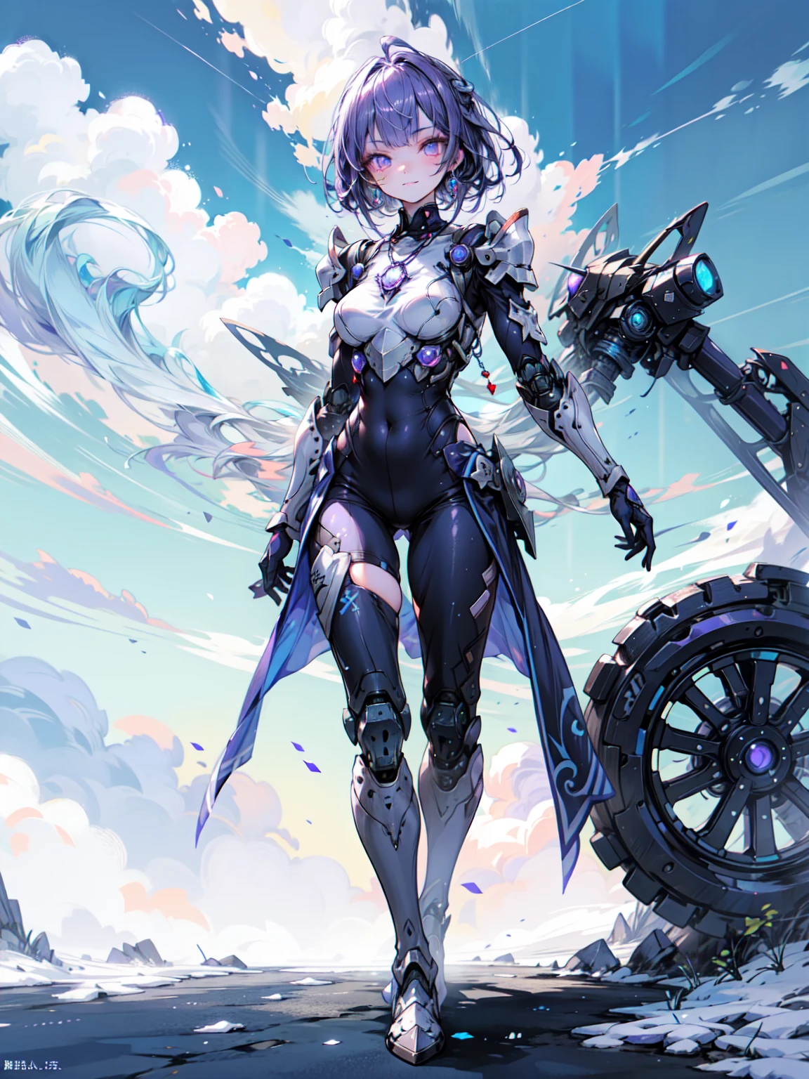 Cute adult girl standing ,Girl Focus, [full body 鎧], Organic Armor Cyborg、Machinery Armor、((blue sky、Cloud Background)),  poker face, still、(One Girl:1.3), bangs,necklace , （Snow White&#39;s Armor), Very detailedな, Crystal purple eyes,thin, Technology of Wonders, Long Hair, Animetic, alone, Silk White Hair, high quality, Mastette Piece,Very detailed,[Wide Hips] , beautiful girl, [detailed aspects], See details of actual operation, Very detailed目,Expressionless emotions, Beautiful Eyes、Blake、Armor Textures、（Dark Elf), (1 Girl), alone, Perfect Face, Get used to it, Ahoge, ((Long Hair:1.2)), [[Messy Hair]], 光沢のあるPurple Hair, Purple eyes, Variegated eyes, Purple Hair, Shining Eyes, (eyelash, eye shadow, purple eye shadow), bright, smile, Design Art：haruhiko mikimoto, by Kawashi, By Yoshitaka Amano