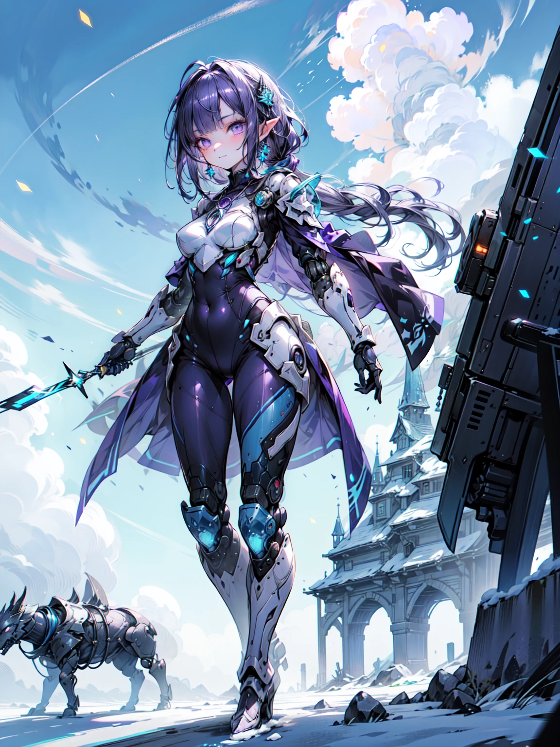 Cute adult girl standing ,Girl Focus, [full body 鎧], Organic Armor Cyborg、Machinery Armor、((blue sky、Cloud Background)),  poker face, still、(One Girl:1.3), bangs,necklace , （Snow White&#39;s Armor), Very detailedな, Crystal purple eyes,thin, Technology of Wonders, Long Hair, Animetic, alone, Silk White Hair, high quality, Mastette Piece,Very detailed,[Wide Hips] , beautiful girl, [detailed aspects], See details of actual operation, Very detailed目,Expressionless emotions, Beautiful Eyes、Blake、Armor Textures、（Dark Elf), (1 Girl), alone, Perfect Face, Get used to it, Ahoge, ((Long Hair:1.2)), [[Messy Hair]], 光沢のあるPurple Hair, Purple eyes, Variegated eyes, Purple Hair, Shining Eyes, (eyelash, eye shadow, purple eye shadow), bright, smile, Design Art：haruhiko mikimoto, by Kawashi, By Yoshitaka Amano
