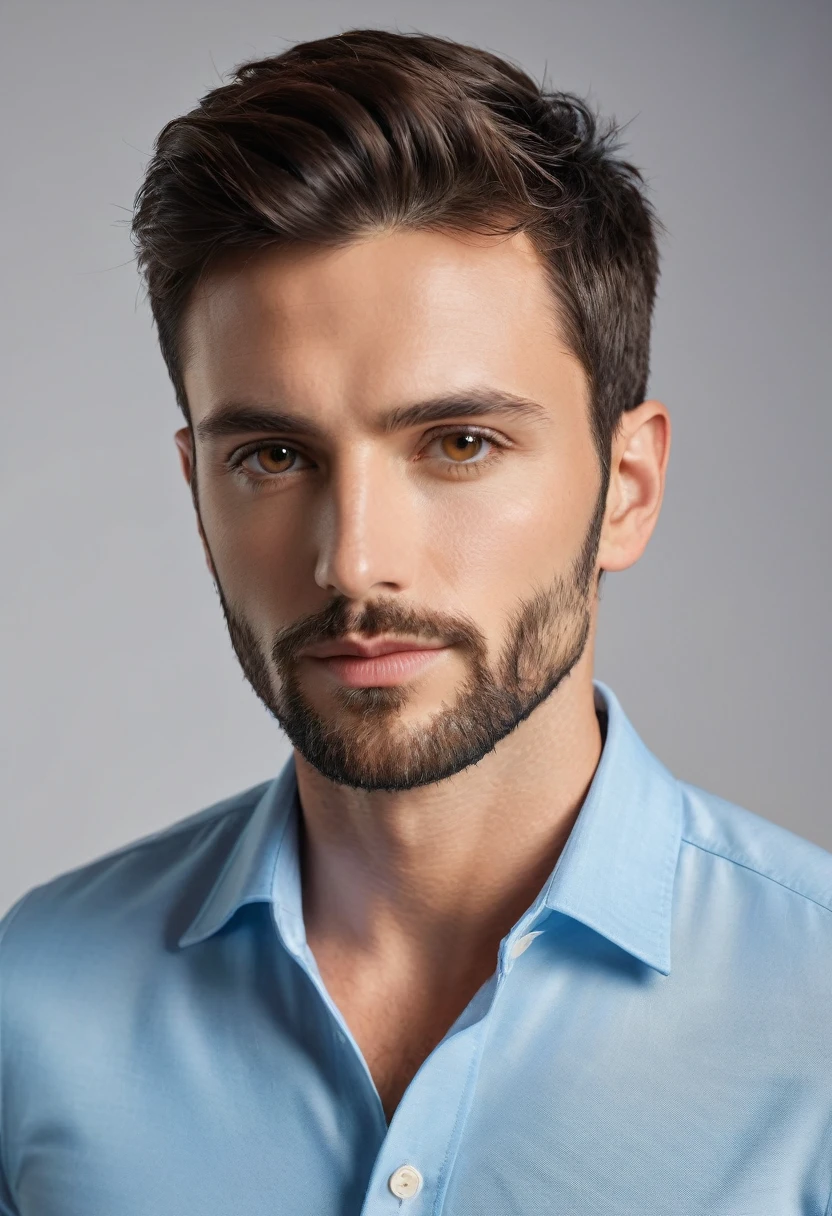 (lifelike, high quality: 1.3), best quality masterpiece, photorealistic, hyperrealistic, highres, high resolution, detailed, 8k, HDR, (Soft color: 1.2), shallow depth of field, broad light, high contrast, backlighting, bloom, good lighting quality, light sparkles, chromatic aberration, sharp focus, RAW color photo, fine skin, ((detailed facial features)), complex: 1.2, (finely detailed skin, realistic skin texture, extreme skin details, (pores:0.1), portrait of a handsome french man, 30 years old, round face, cinematic look、((wearing baby blue business shirt and black tight jeans and black shoes)), ((full body shot, standing and posing in front of a plain studio wall)), dark brown hair, short back and sides hair, brown eyes, french nose, has a 3 days rap industry standard beard, skinny, average tall, pointy nose, thin lips, distinct face, masculine young man, 27 years old, dark brown hair , hazelnut brown eyes, male energy, full body shot