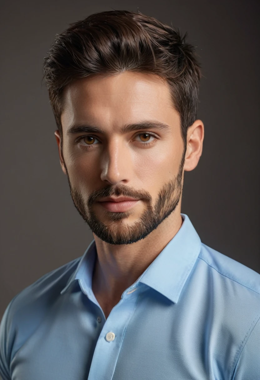 (lifelike, high quality: 1.3), best quality masterpiece, photorealistic, hyperrealistic, highres, high resolution, detailed, 8k, HDR, (Soft color: 1.2), shallow depth of field, broad light, high contrast, backlighting, bloom, good lighting quality, light sparkles, chromatic aberration, sharp focus, RAW color photo, fine skin, ((detailed facial features)), complex: 1.2, (finely detailed skin, realistic skin texture, extreme skin details, (pores:0.1), portrait of a handsome french man, 30 years old, round face, cinematic look、((wearing baby blue business shirt and black tight jeans and black shoes)), ((full body shot, standing and posing in front of a plain studio wall)), dark brown hair, short back and sides hair, brown eyes, french nose, has a 3 days rap industry standard beard, skinny, average tall, pointy nose, thin lips, distinct face, masculine young man, 27 years old, dark brown hair , hazelnut brown eyes, male energy, full body shot