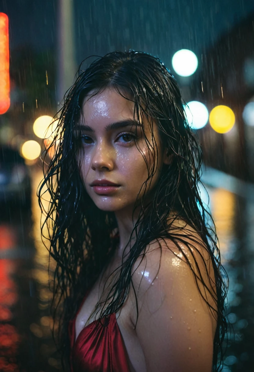 1girl,solo,long hair,Rough skin,from back,face focus,(looking at viewer:1.2),wet hair,dark,polaroid,(depth_of_field:1.5),rainy days,outdoors,street,hair between eyes,moody lighting,Tyndall effect,Cinematic Lighting,night,lamppost,lens flare,available light,rim light,glowing neon lights,curvy,Red silk dress,