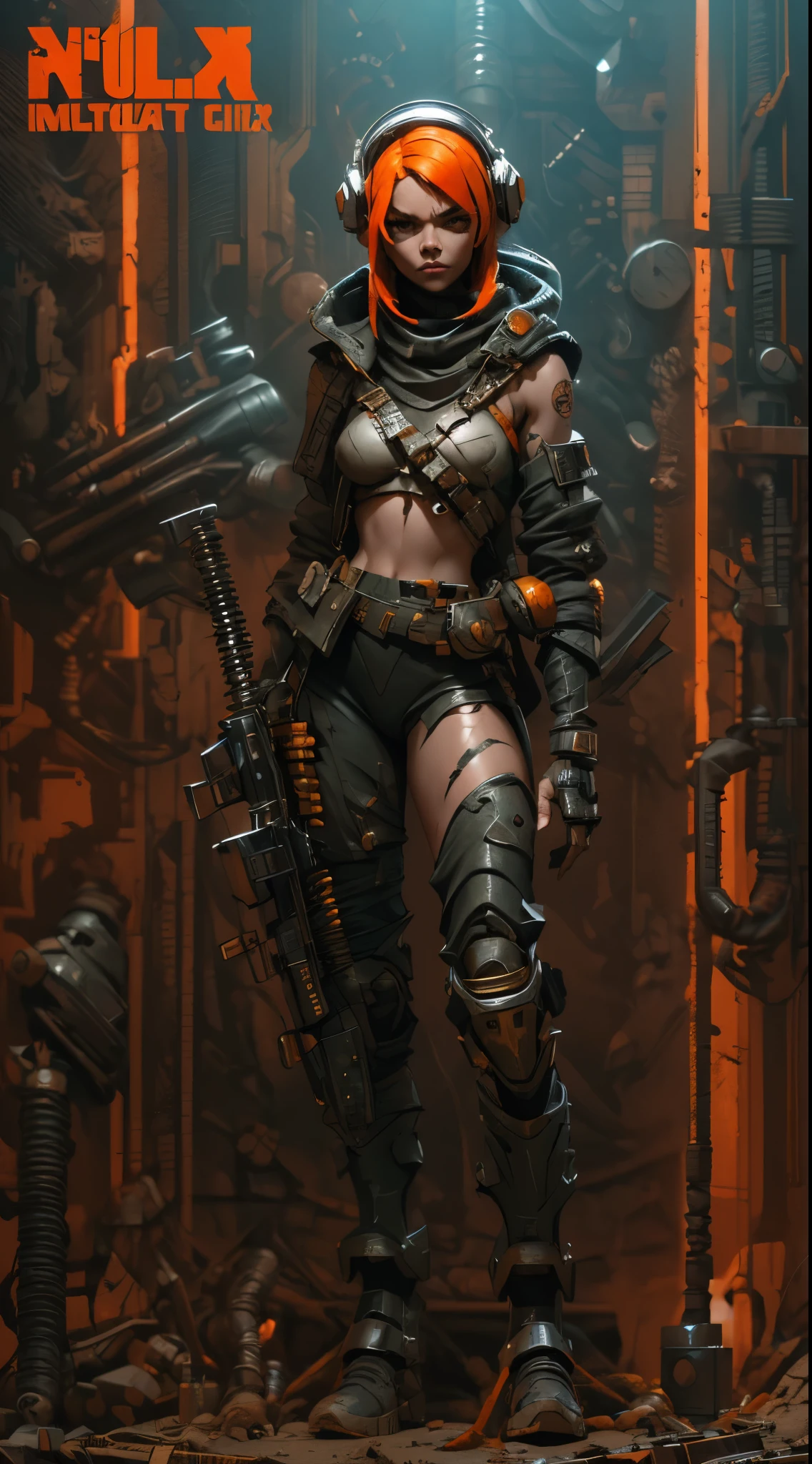 (((mulher))), (((melhor qualidade))), (((obra prima))), (((adulto))), A highly detailed and realistic skull girl,( Anya. Taylor Joy) cyberpunk character, mad max furiosa, one hand robot, cyborg arm, orange hair, dramatic metal heavy rock theme, best quality, 8k, hyperrealistic, photorealistic, extreme detailed painting, studio lighting, vivid colors, dark moody atmosphere, cinematic, dramatic pose, intricate mechanical details, glowing energy effects, intense gritty textures, seamless integration of organic and inorganic elements. Wearing the used clothes of a wastelander. Background: An apocalyptic wasteland. Dusty and depressing.
