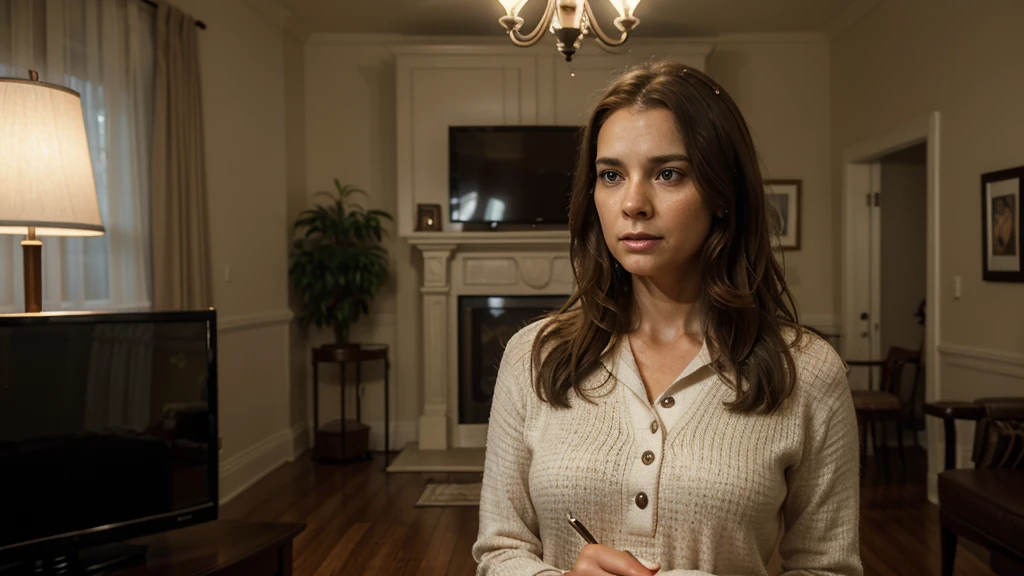Ultra-realistic, cinematic image capturing a modest apartment in the historic district of Savannah, Georgia. Focus on Beatrice Thompson, a 42-year-old woman with expressive brown eyes, medium-length wavy brown hair, and light skin with some freckles, looking exhausted. She stands in the dimly lit living room, illuminated by the soft glow of the TV. The TV screen displays a news anchor announcing lottery numbers, and Beatrice's face shows a mix of shock and disbelief as she holds a lottery ticket. The scene should have dramatic lighting, realistic textures, and ultra-sharp details in an 8K, ultra HD, photographic style.
