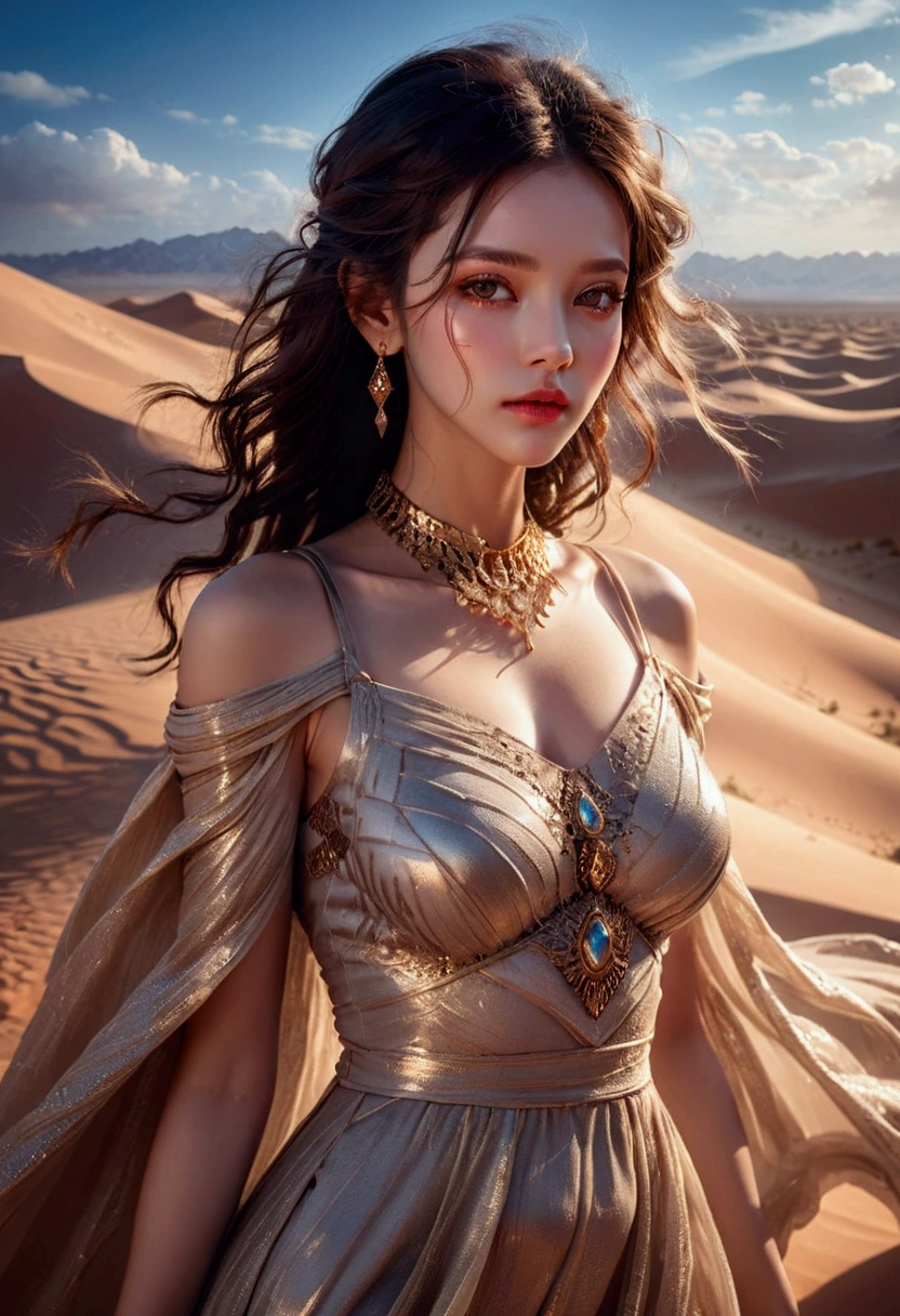 1girl, Desert Princess, A beautiful desert princess, detailed face, long eyelashes, full lips, flowing dress, intricate jewelry, desert landscape, dramatic lighting, epic fantasy, cinematic, highly detailed, 8K, masterpiece, best quality, very aesthetic, absurdres
