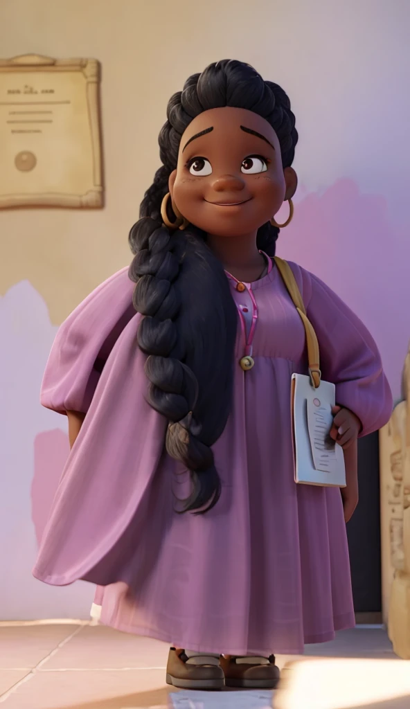 AN AFRO WOMAN!. She is a little fat woman. The woman with long black hair is smiling at the camera, wearing a pink dress and holding a yellow tag on her lanyard. Her hair has braids. She stands in front of a wall that has what appears to be an old document or manuscript displayed on it. She is 35 years old and tall.