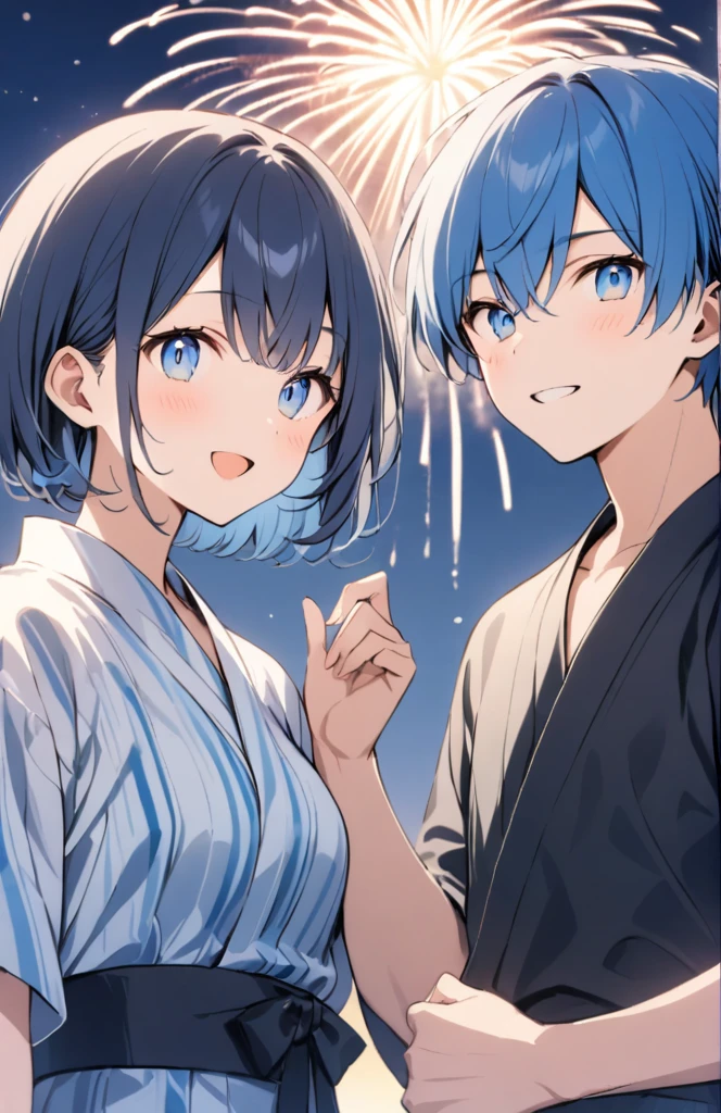 Blue hair, blue eyes, short hair, fireworks, yukata, boy
