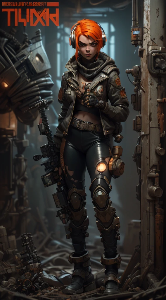 (((mulher))), (((melhor qualidade))), (((obra prima))), (((adulto))), A highly detailed and realistic skull girl,( Anya. Taylor Joy) cyberpunk character, mad max furiosa, one hand robot, cyborg arm, orange hair, dramatic metal heavy rock theme, best quality, 8k, hyperrealistic, photorealistic, extreme detailed painting, studio lighting, vivid colors, dark moody atmosphere, cinematic, dramatic pose, intricate mechanical details, glowing energy effects, intense gritty textures, seamless integration of organic and inorganic elements. Wearing the used clothes of a wastelander. Background: An apocalyptic wasteland. Dusty and depressing.