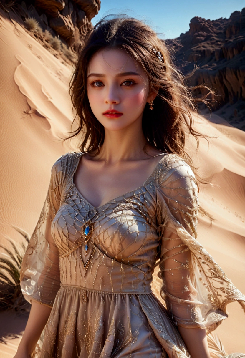 1girl, Desert Princess, A beautiful desert princess, detailed face, long eyelashes, full lips, flowing dress, intricate jewelry, desert landscape, dramatic lighting, epic fantasy, cinematic, highly detailed, 8K, masterpiece, best quality, very aesthetic, absurdres