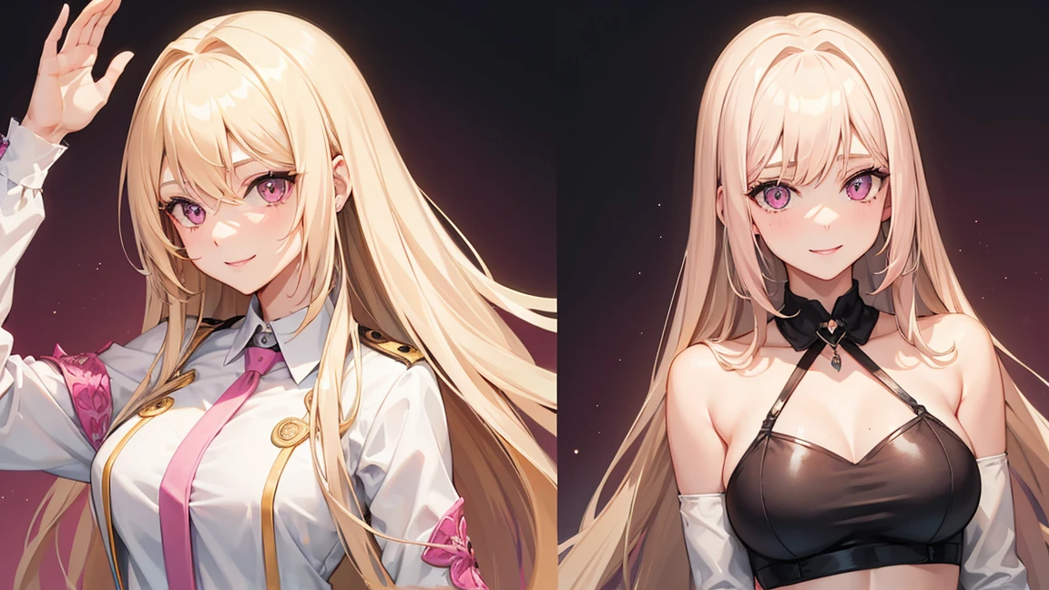 (((Adult woman))), long blonde hair, (Pink eyes), smile