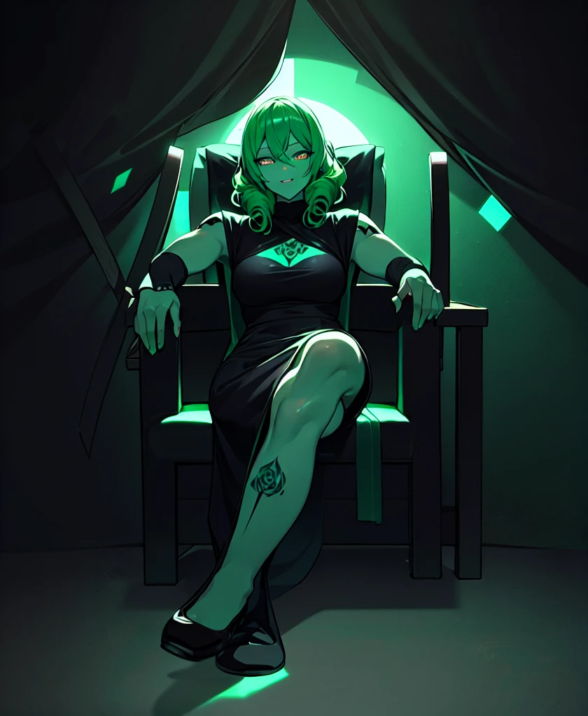 Sitting, cross-legged, sofa,black skin, anime woman, happy, glowing dark green eyes, glowing dark green tattoos, glowing dark green messy curly hair, wearing a black dress, black roses in hair, full body, ((Leg Crossing ))