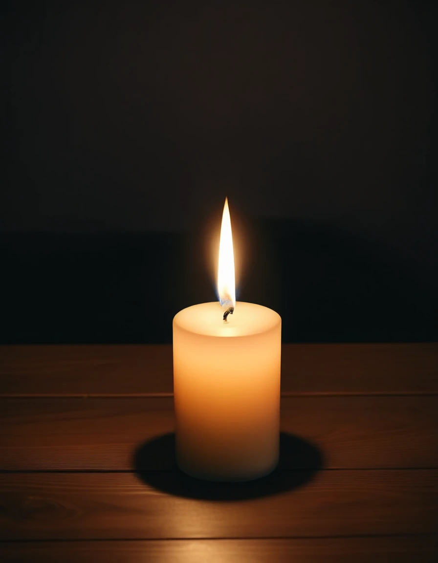 candle only on desk, just candle, top point of view, picture taken from up, cinematic, large wooden desk
