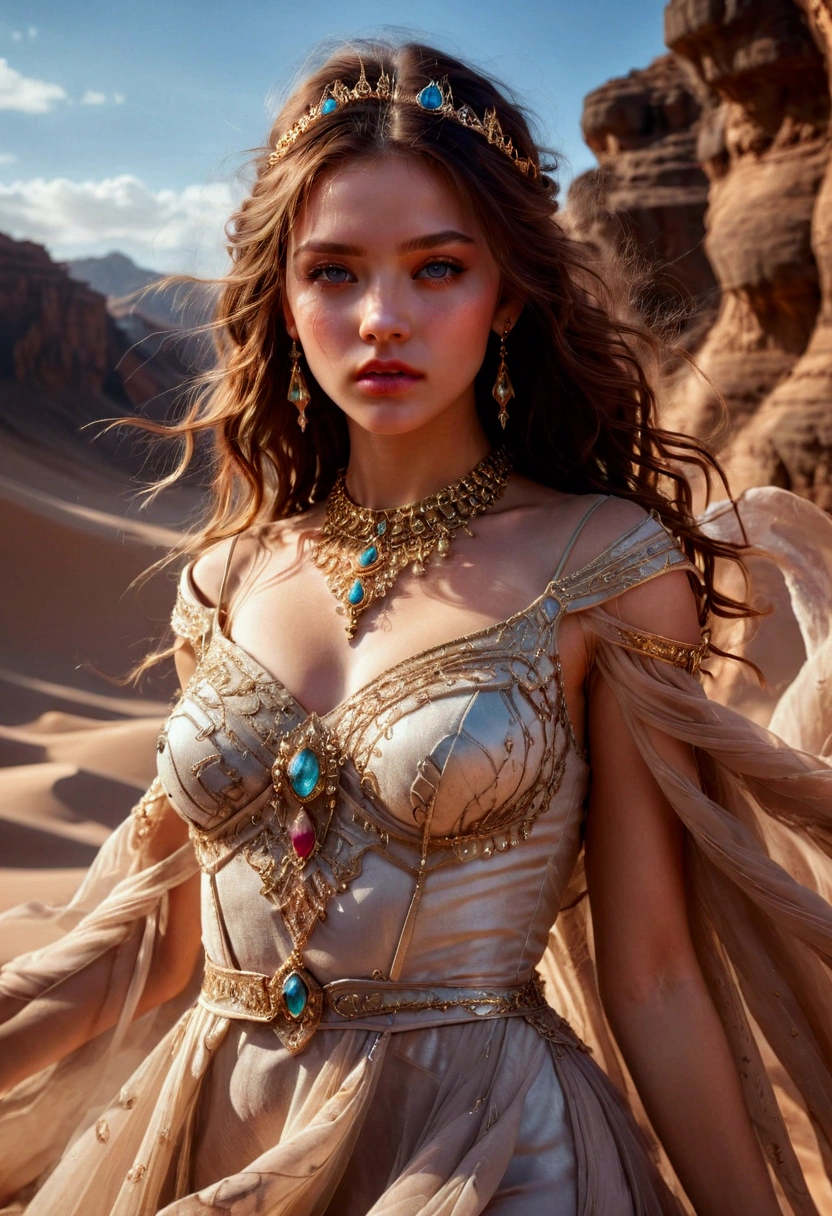 1girl, Desert Princess, A beautiful desert princess, detailed face, long eyelashes, full lips, flowing dress, intricate jewelry, desert landscape, dramatic lighting, epic fantasy, cinematic, highly detailed, 8K, masterpiece, best quality, very aesthetic, absurdres