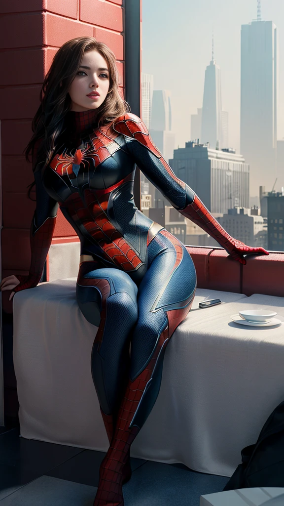full body, (1girl:1.3), Solo, (((Very detailed face)))), ((Very detailed eyes and face)))), Beautiful detail eyes, Body parts__, Official art, Unified 8k wallpaper, Super detailed, beautiful and beautiful, beautiful, masterpiece, best quality, original, masterpiece, super fine photo, best quality, super high resolution, realistic realism, sunlight, half body, amazing beauty, allured chest, dynamic (couching) pose, delicate face, vibrant eyes, (from the below), She wears Spider-Man suit, red and black color scheme, spider, very detailed city roof background, rooftop, overlooking the city, detailed face, detailed complex busy background, messy, gorgeous, milky white, highly detailed skin, realistic skin details, visible pores, clear focus, volumetric fog, 8k uhd, DSLR, high quality, film grain, fair skin, photo realism, lomography, futuristic dystopian megalopolis, translucent