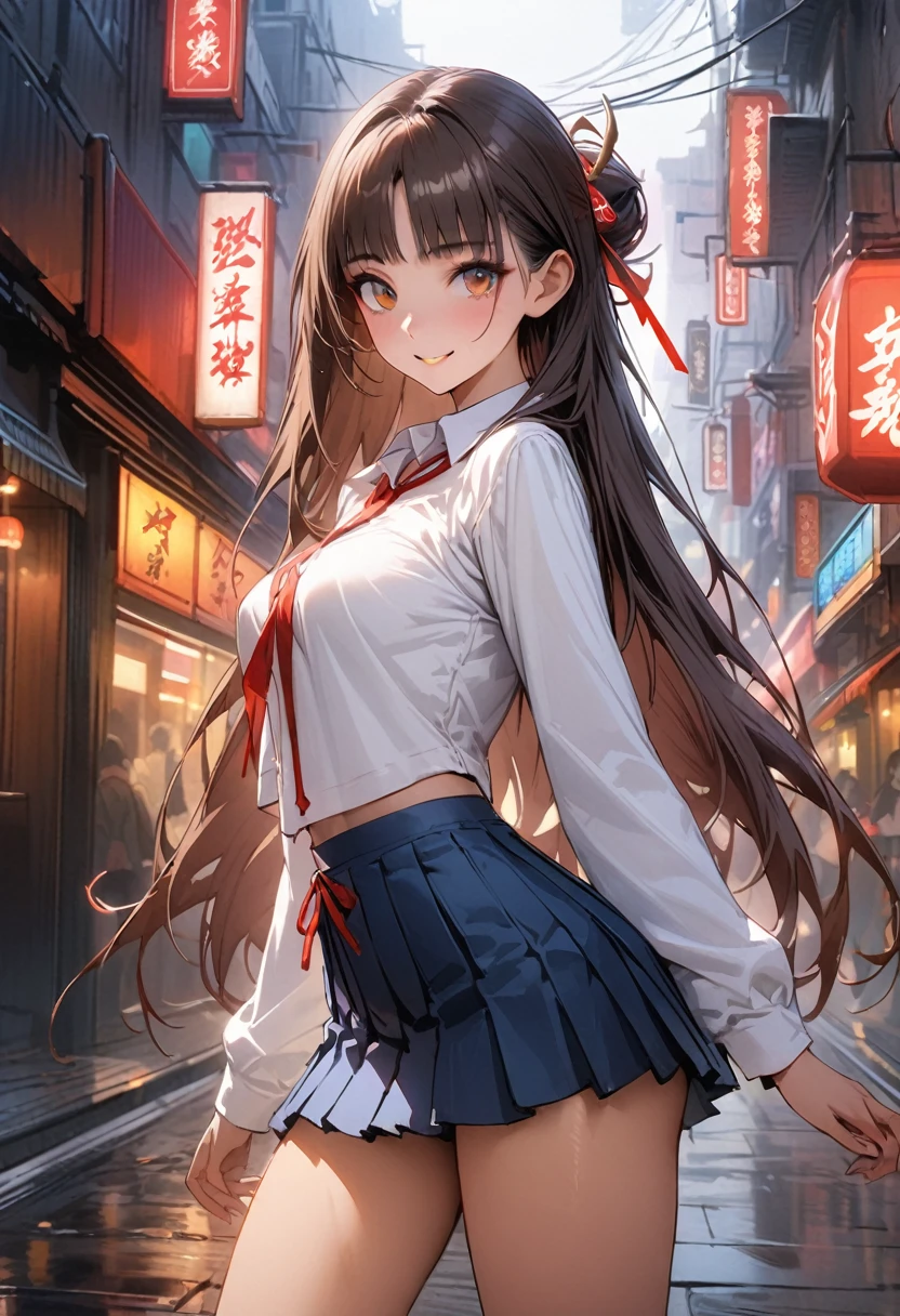 ((masterpiece,Highest quality:1.3,best quality illustration)),(realistic,cowboy shot,独奏,1woman,(18-year-old、Japanese Beauty)、brown hair,long hair,bangs,brown eyes,gorgeous eyes,(very small head:1.3),smile,(very long body:1.2,skinny),medium breasts,(Red ribbon tie、White long sleeve collared shirt、Navy blue pleated mini skirt),gleaming skin,toned body,slender body,standing,on street,neon、World of Blade Runner、