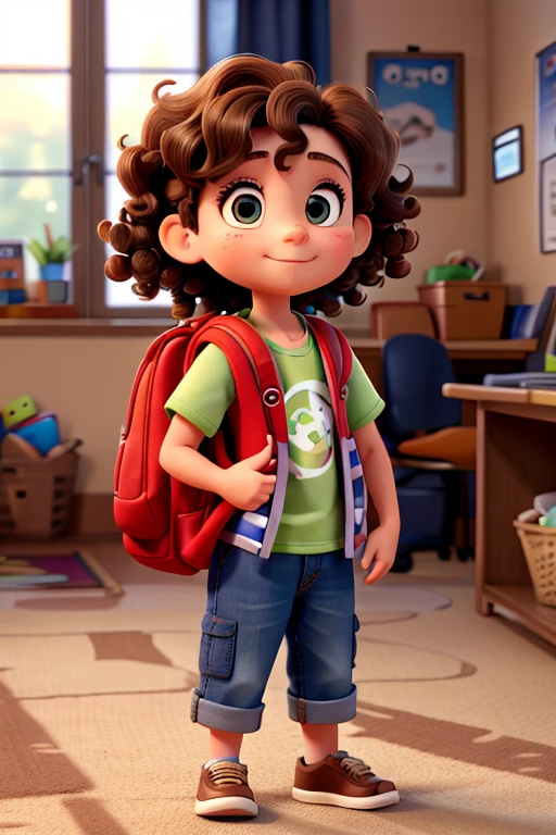  seven year old boy with shoulder length curly hair big vibrant brown eyes and one year old boy short brown hair big vibrant brown eyes with their backpacks full of snacks