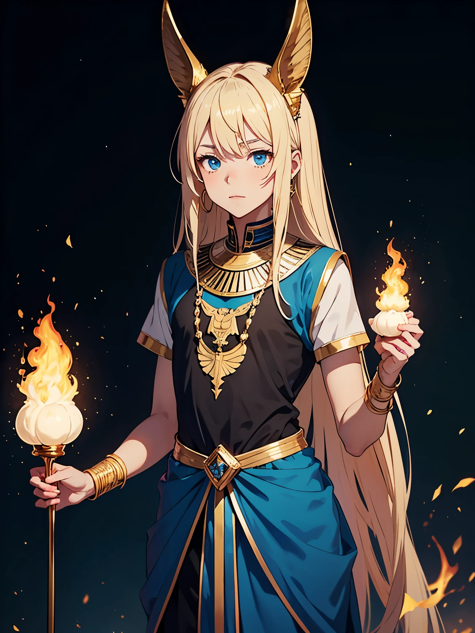 Schakalohren. Männlicher. Älter. Flammen. Feuer. More anime style. cutie pie. アニメ!  boy. Egyptian deity Anubis. Egyptian blue clothing. Blue clothes.  long blond hair. Lots of gold jewelry. dark skin. Egyptian. dazzling blue eyes. mystical. divine.