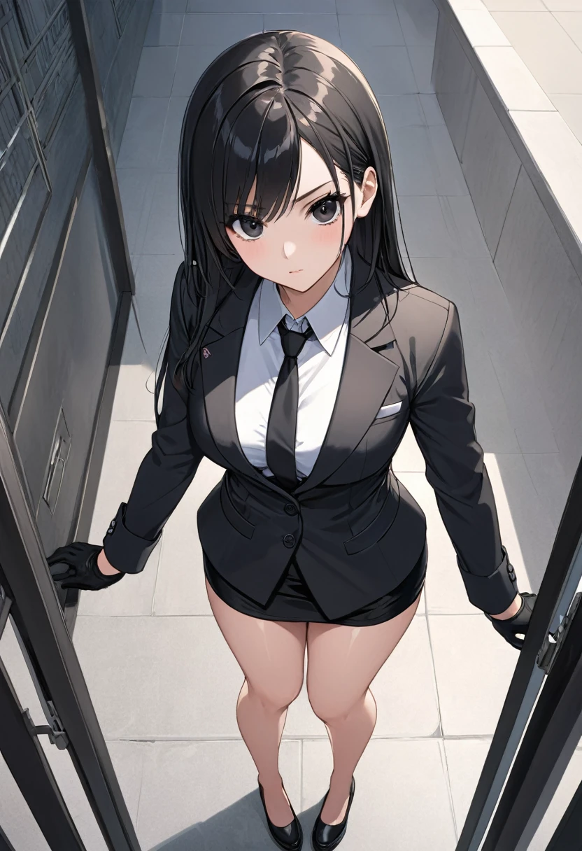 Black miniskirt , black shoes , pencil skirt , whole body , thighs , black hair , black eyes , straight hair ,Black shorts blazer with open buttons , black tie , bare legs , View from above , Black gloves , standing posture , waist belt