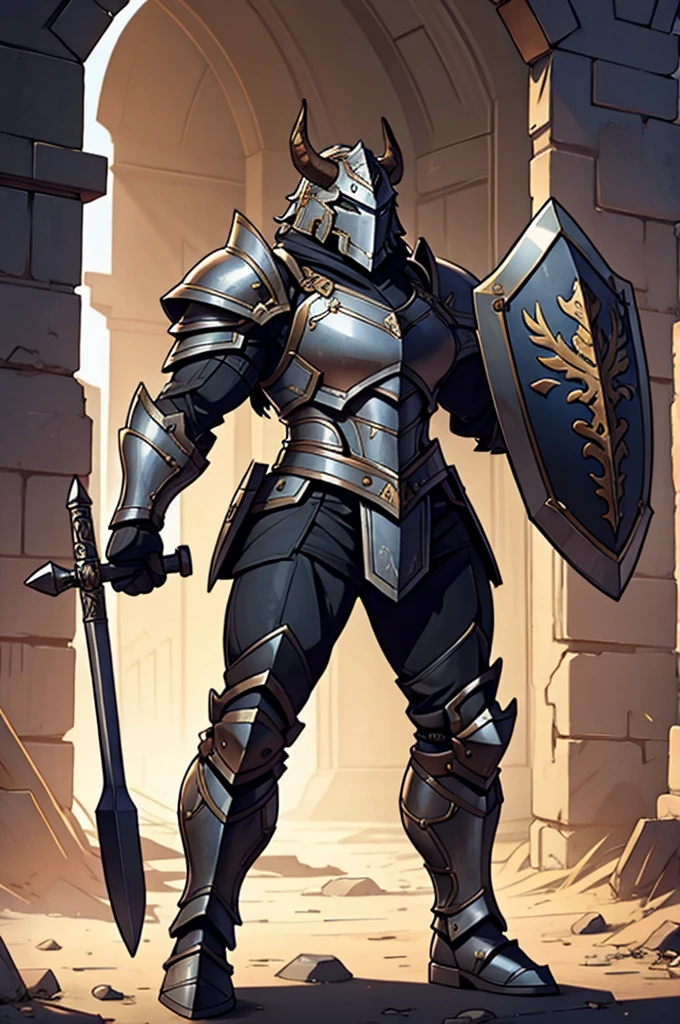 A Taurus wearing full armor, a shield and a war hammer