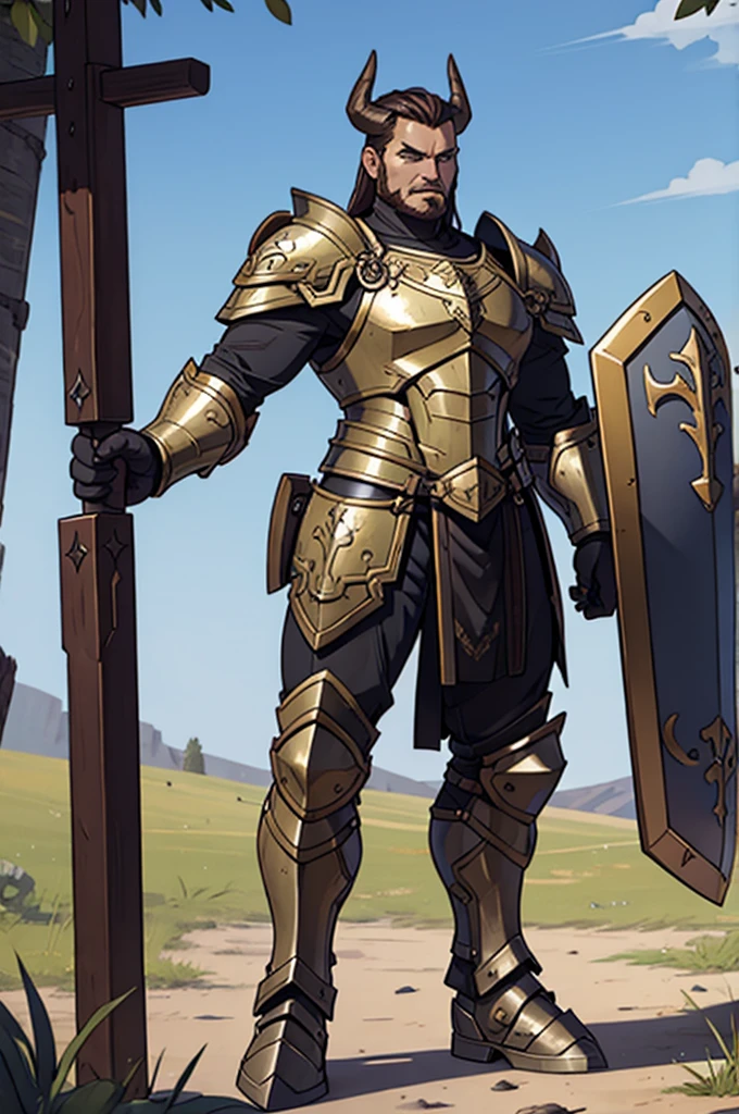 A Taurus wearing full armor, a shield and a war hammer