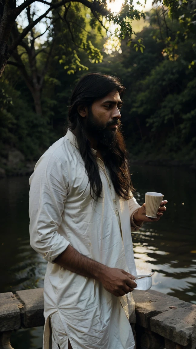 Indian young man with a medium sized beard, drinking a cup of tea near a river, black hair, smelling, high detail, modern, cinematic lighting, first-person view, bokeh, ccurate, high details