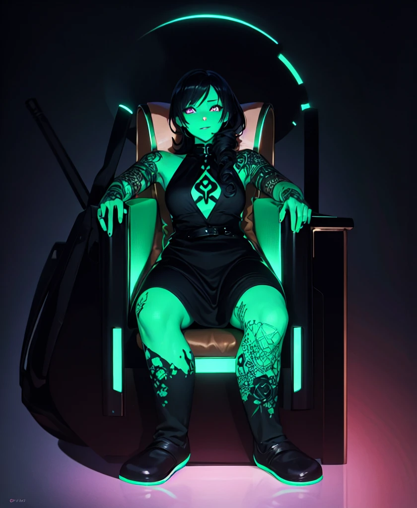 Sitting, cross-legged, sofa,black skin, anime woman, happy, glowing dark green eyes, glowing dark green tattoos, glowing dark green messy curly hair, wearing a black dress, black roses in hair, full body, ((Leg Crossing ))
