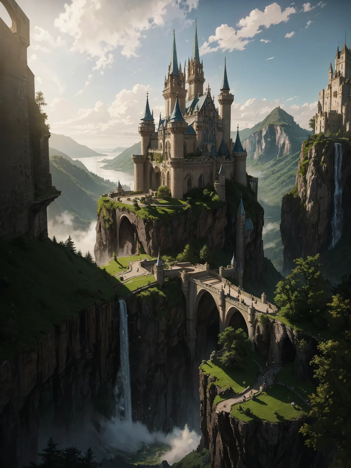 the city of terrasen from the acotar book series, with the castle on top of the mountain, arafed castle on a cliff with a waterfall and a bridge, epic rivendell fantasy, beautiful render of a fairytale, breathtaking fantasy art, fantasy castle, matte painting in fantasy style, beautiful castle, illustration matte painting, majestic matte painting, epic castle with tall spires, fairytale artwork, realistic fantasy artwork, fantasy matte painting,cute, high fantasy castle