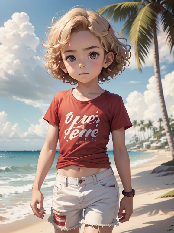 10 year old, boy, thin, curly blond hair, white skin, red T-shirt, short jeans pants up to thigh, beach background,