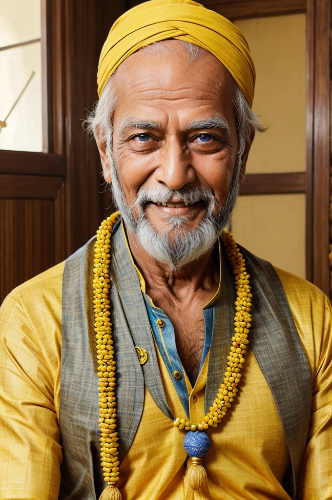 Handsome Man, SMILEY FACE,  LONG BEARD, BLUE EYES, AGE 80 YRS, YELLOW KURTA, WEARING TULSI MALA