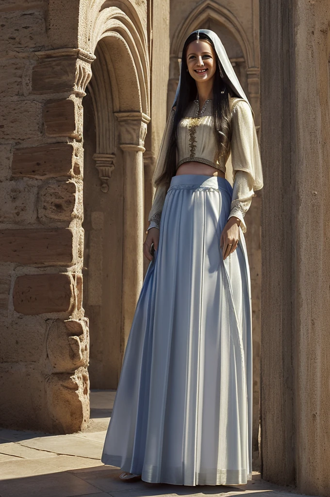 smiling woman, (((cortesia hair trajes,((long skirt))，(Masterpiece, first quality, Derecho near and far), Bella&#39;s expression, and 8K, raw photo, photorealistic, film grains, Chromatic aeration, high resolution, ultra detailed, finely detail, dynamic lighting, dramatic lighting、sombre、extremely detailed eyes and face、Modern and luxurious round pupillaureau.)))、long legs, viki odintcova, black hair with blonde highlights, long black hair with blonde highlights 